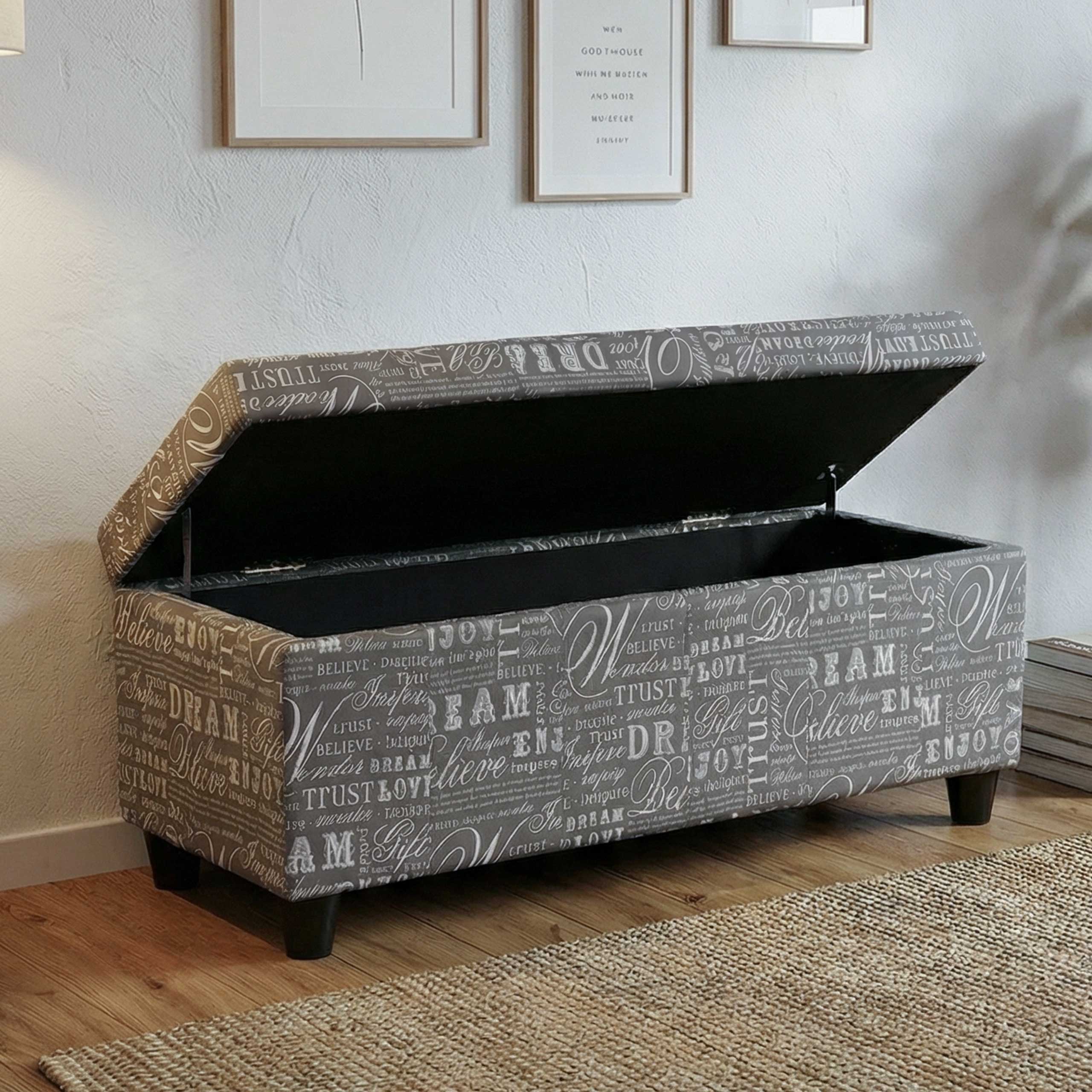 Aufbewahrungs-Truhe Kriens, Sitzbank Bank, Stoff/Textil, 45x114x45cm MVG-zertifiziert ~ Schriftzug, grau 