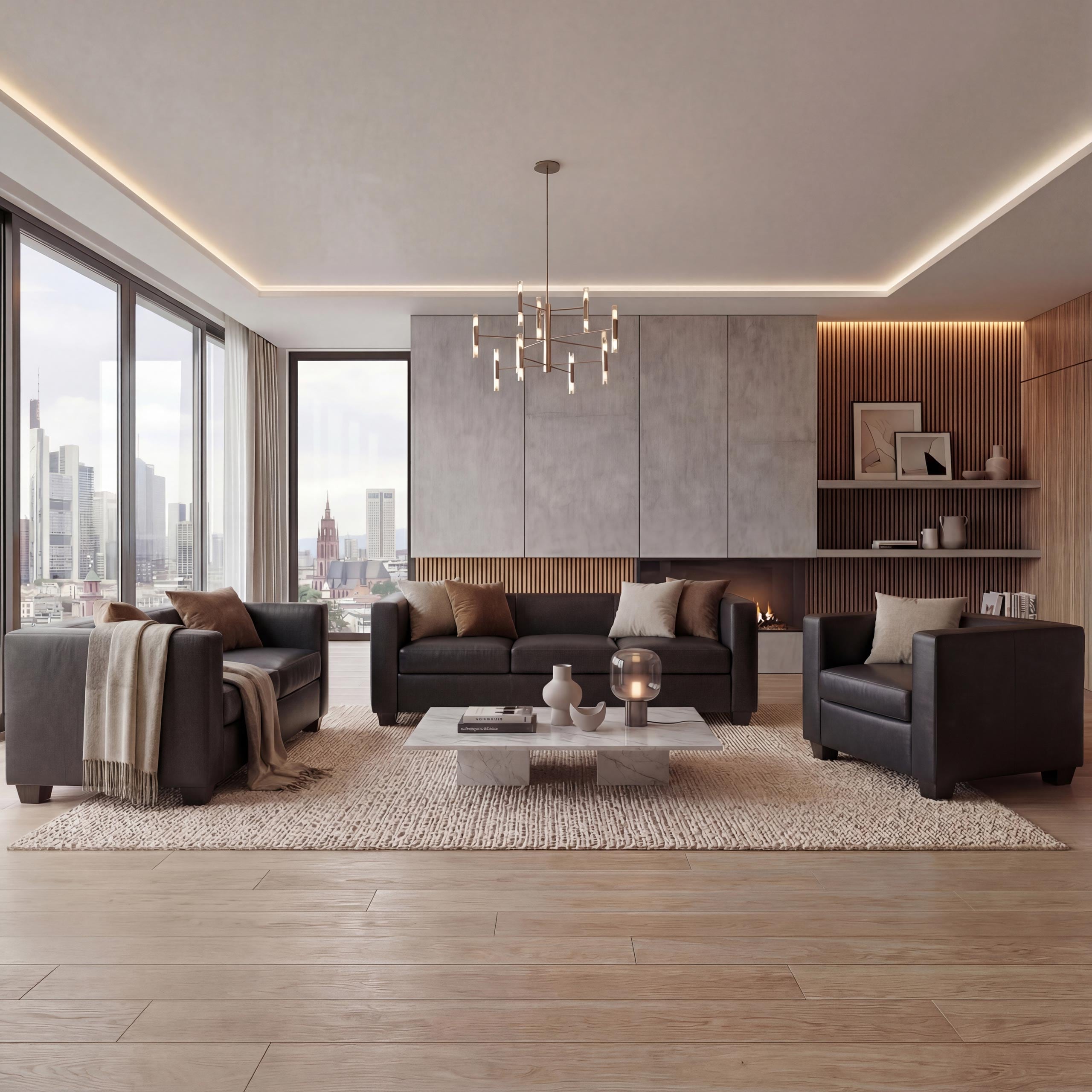 3-2-1 Couchgarnitur Lille ~ Leder, schwarz 