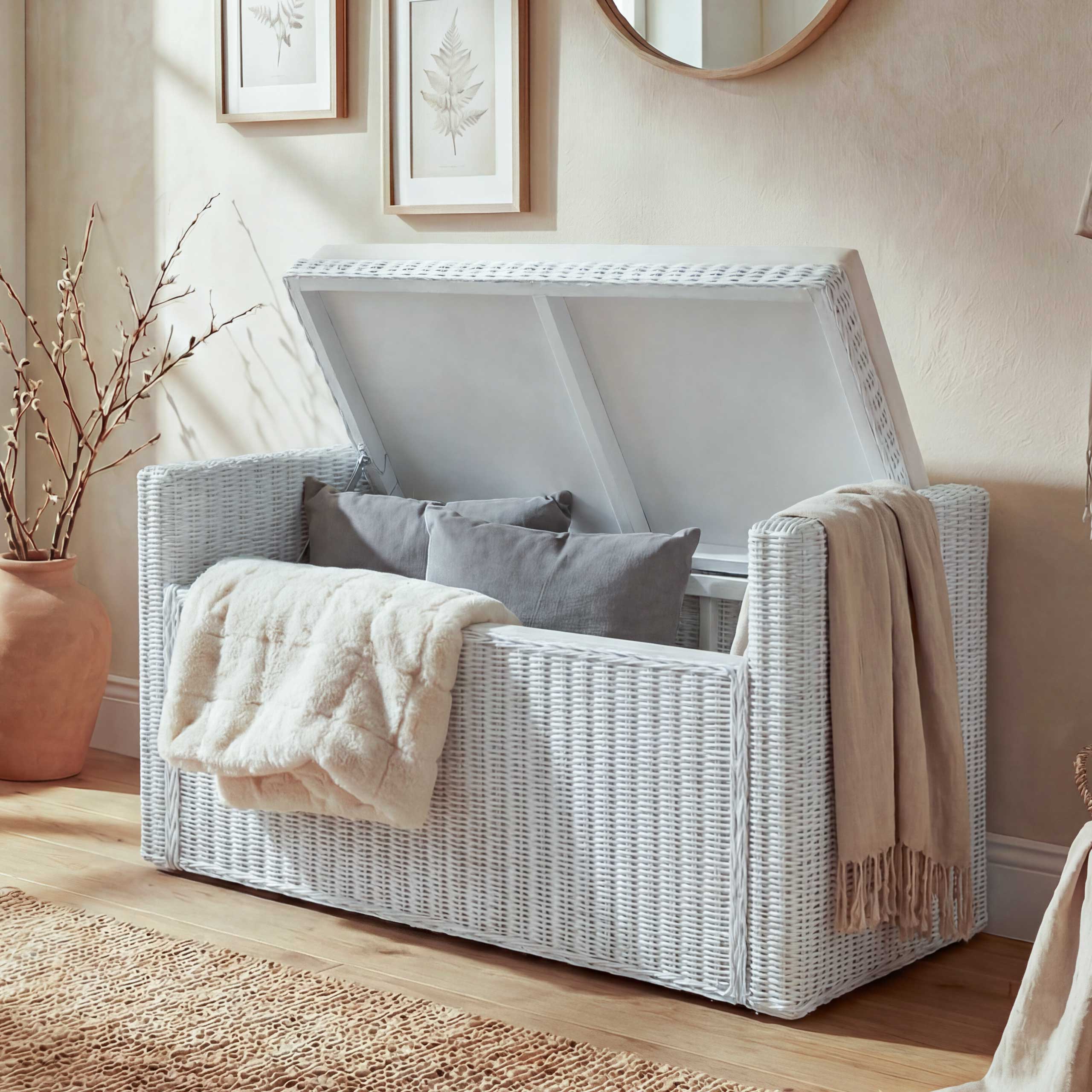 Aufbewahrungstruhe Genua, Truhe Sitzbank Garderobenbank, Kissen Kubu Rattan 88cm ~ wei&szlig; 