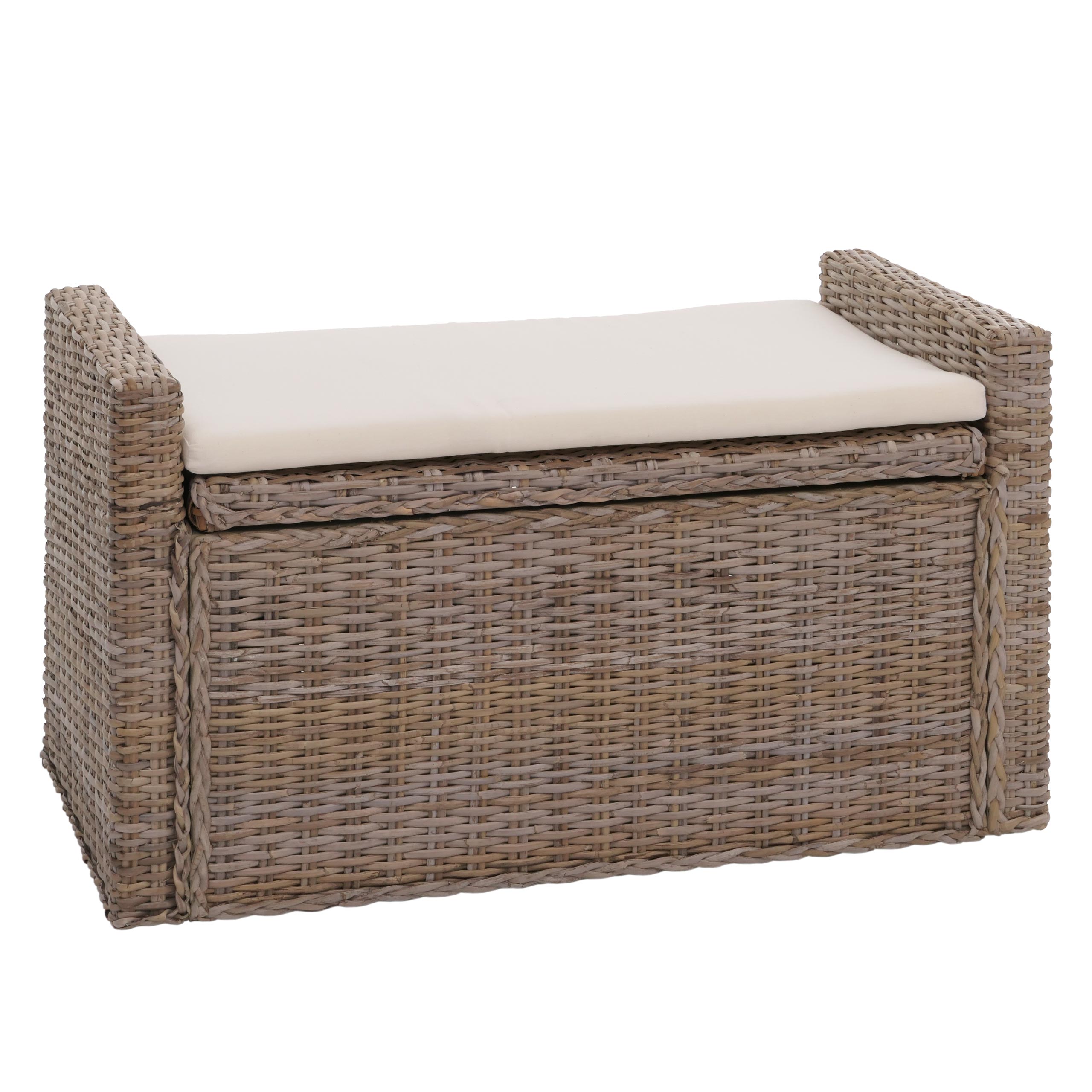 Aufbewahrungstruhe Genua, Truhe Sitzbank Garderobenbank, Kissen Kubu Rattan 88cm ~ grau-braun 