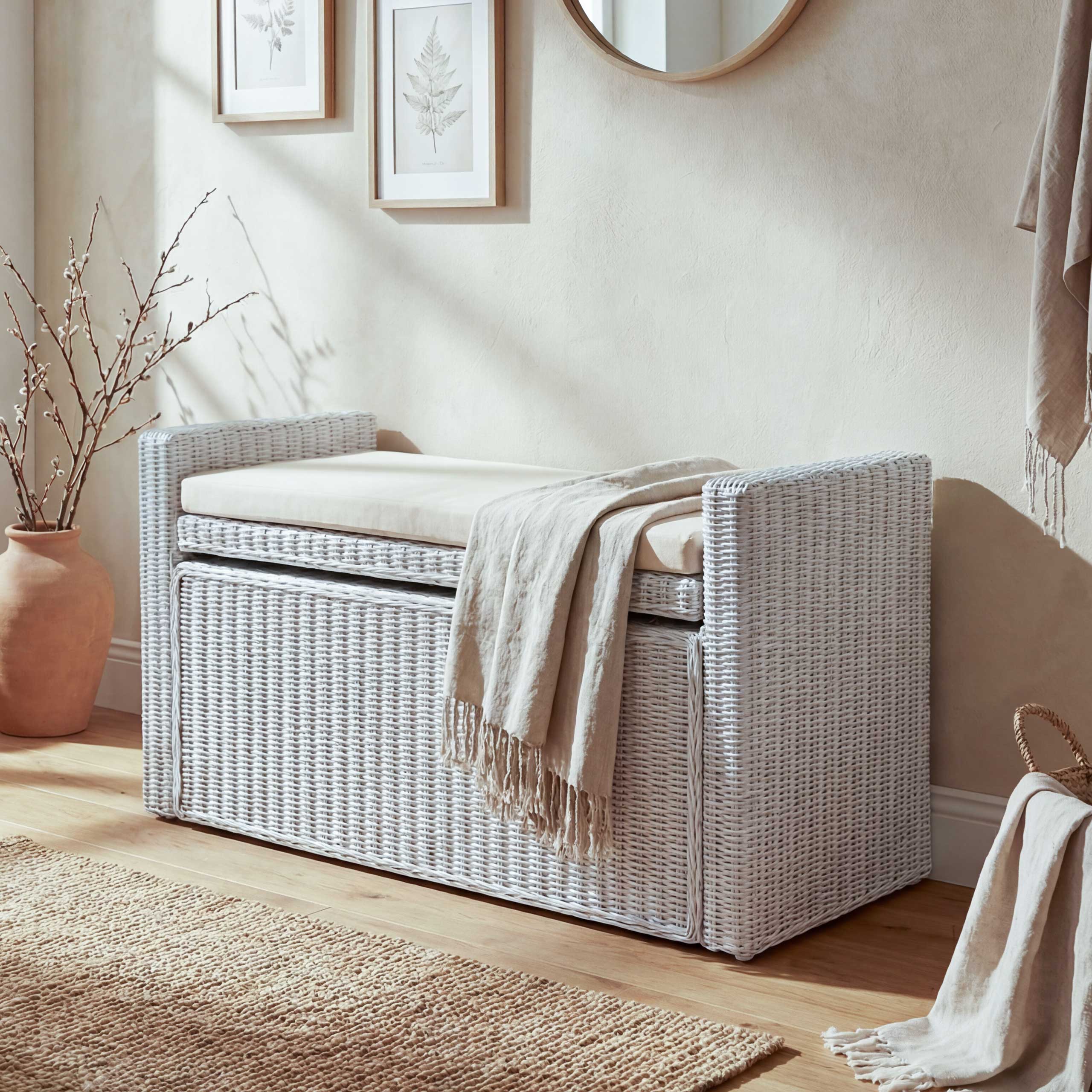 Sitzbank Genua Garderobenbank Bank Sitzhocker, mit Stauraum Kissen Kubu Rattan 88cm ~ wei&szlig; 