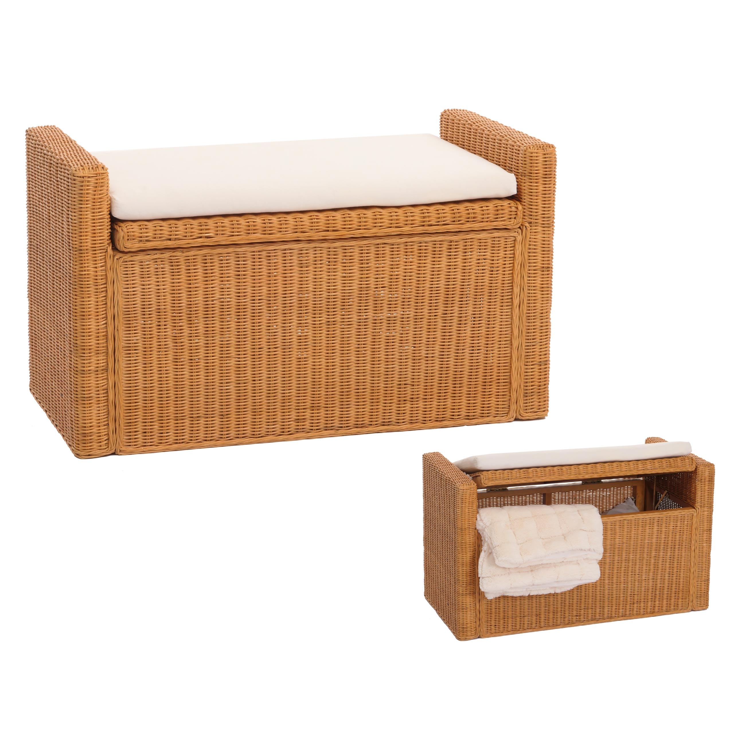 Sitzbank Genua Garderobenbank Bank Sitzhocker, mit Stauraum Kissen Kubu Rattan 88cm ~ honigfarben 