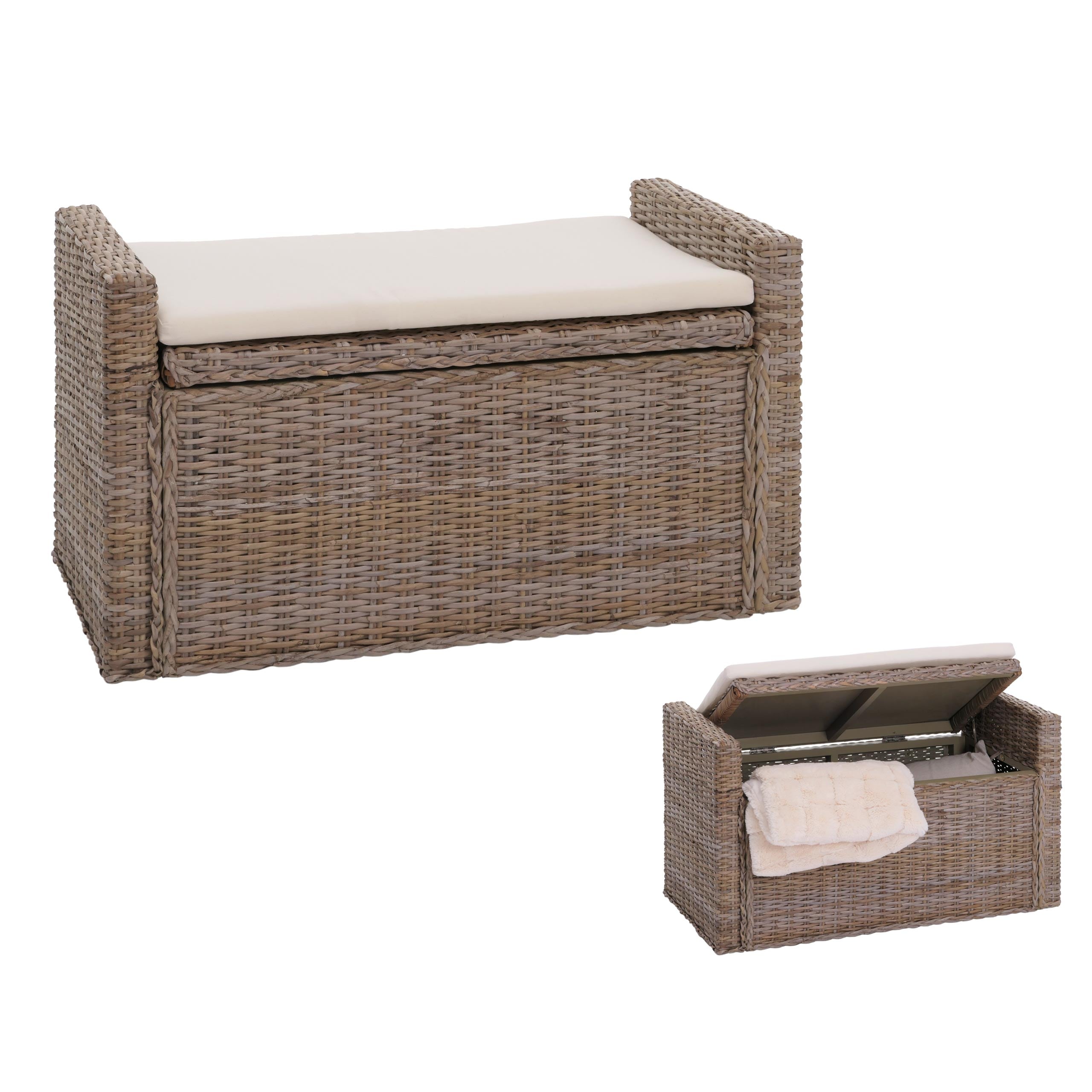 Sitzbank Genua Garderobenbank Bank Sitzhocker, mit Stauraum Kissen Kubu Rattan 88cm ~ grau-braun 
