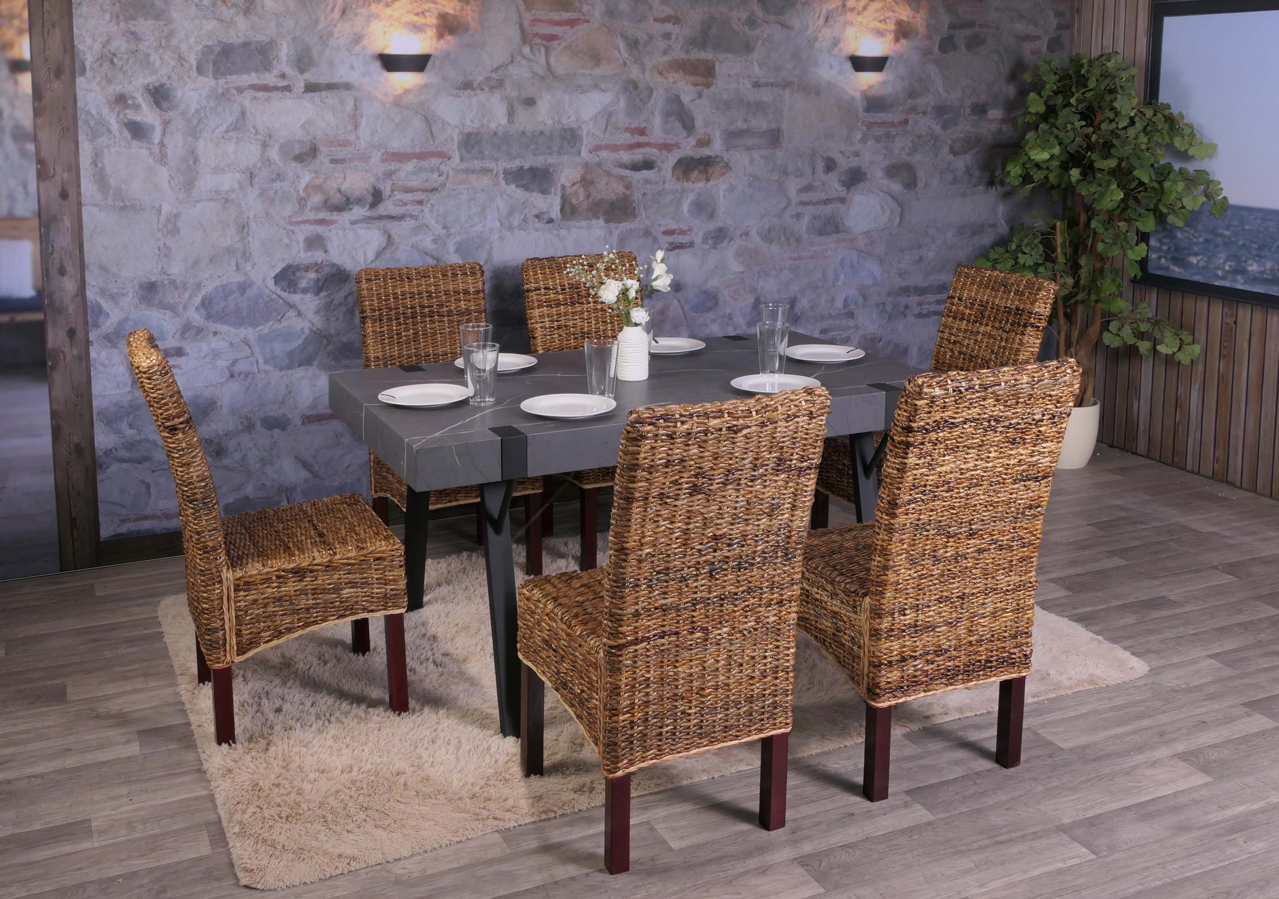 Esszimmerstuhl Loiret, Korbgeflecht (6er-Set) ~ hell, ohne Kissen 