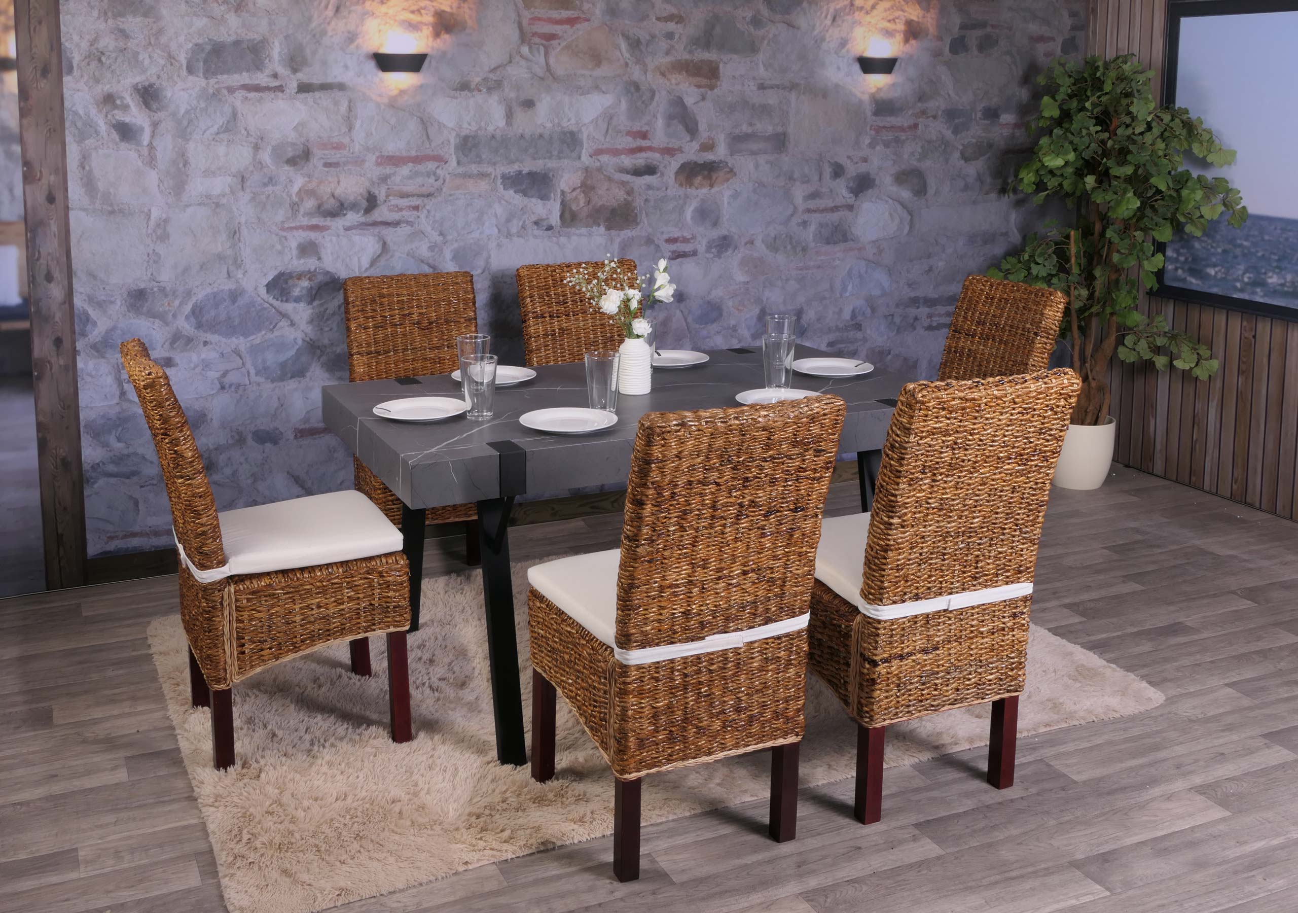 Esszimmerstuhl Loiret, Korbgeflecht (6er-Set) ~ hell, mit Kissen 