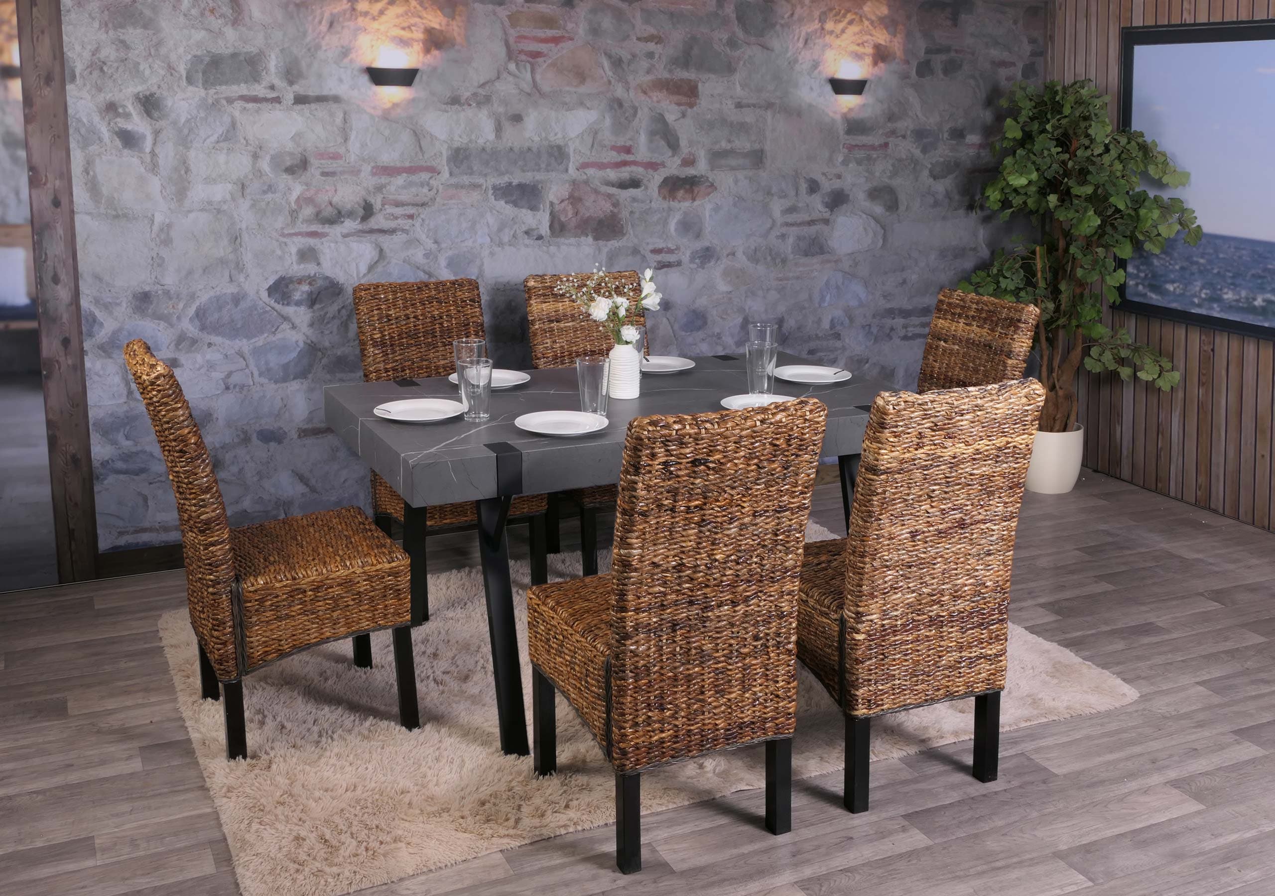 Esszimmerstuhl Loiret, Korbgeflecht (6er-Set) ~ dunkel, ohne Kissen 