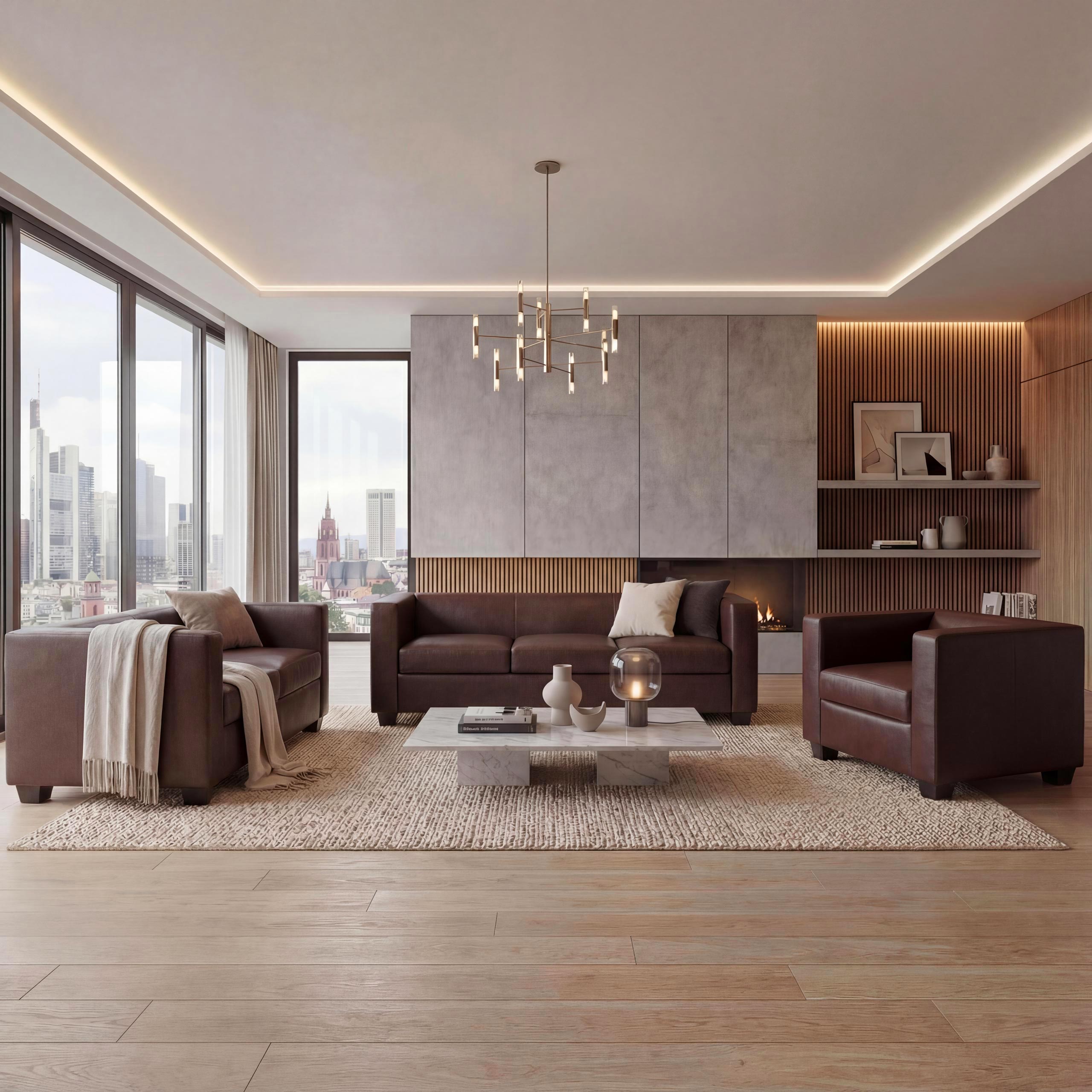 3-2-1 Couchgarnitur Lille ~ Kunstleder, rot-braun 