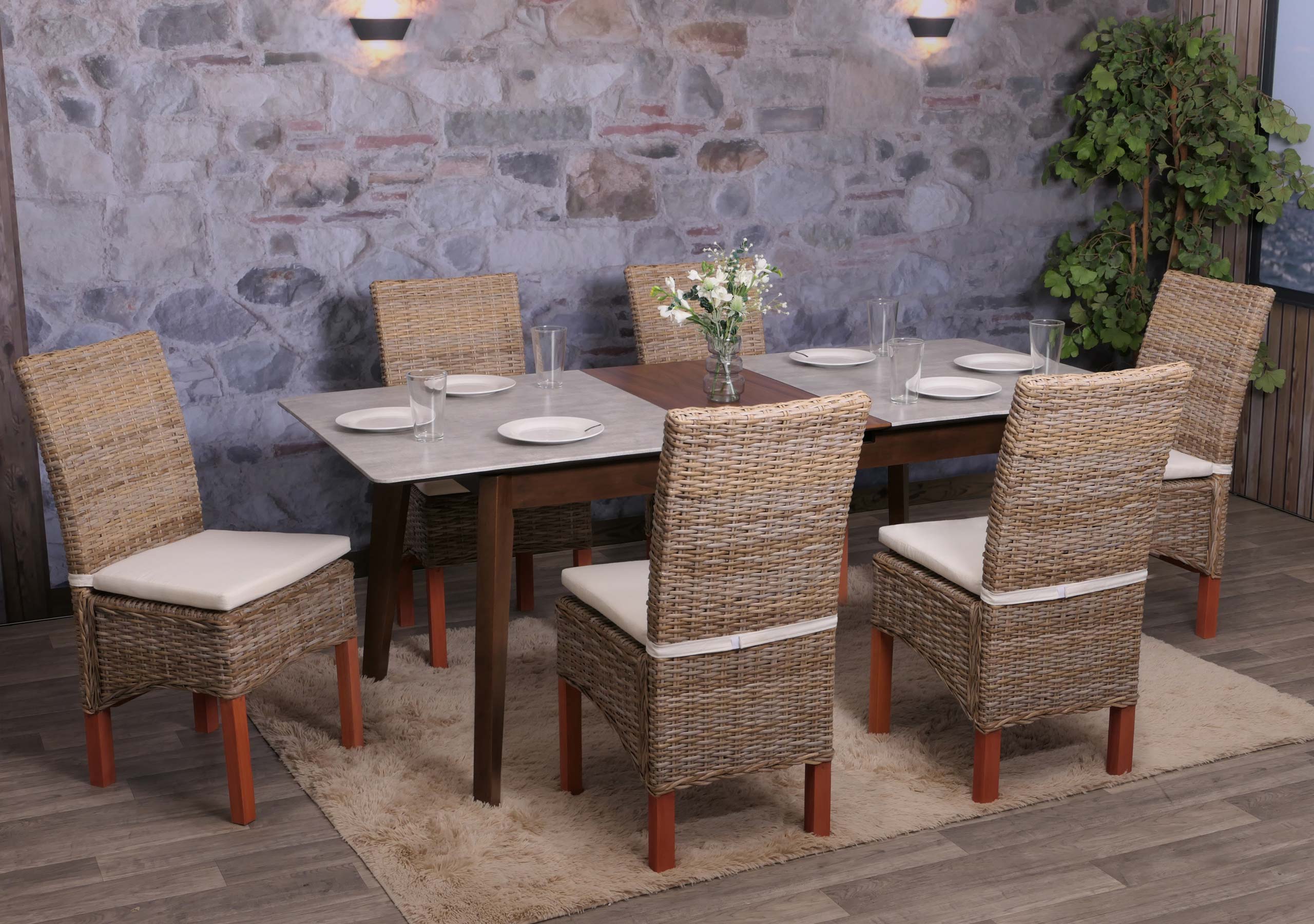 Esszimmerstuhl Var, Korbgeflecht (6er-Set) mit Sitzkissen 