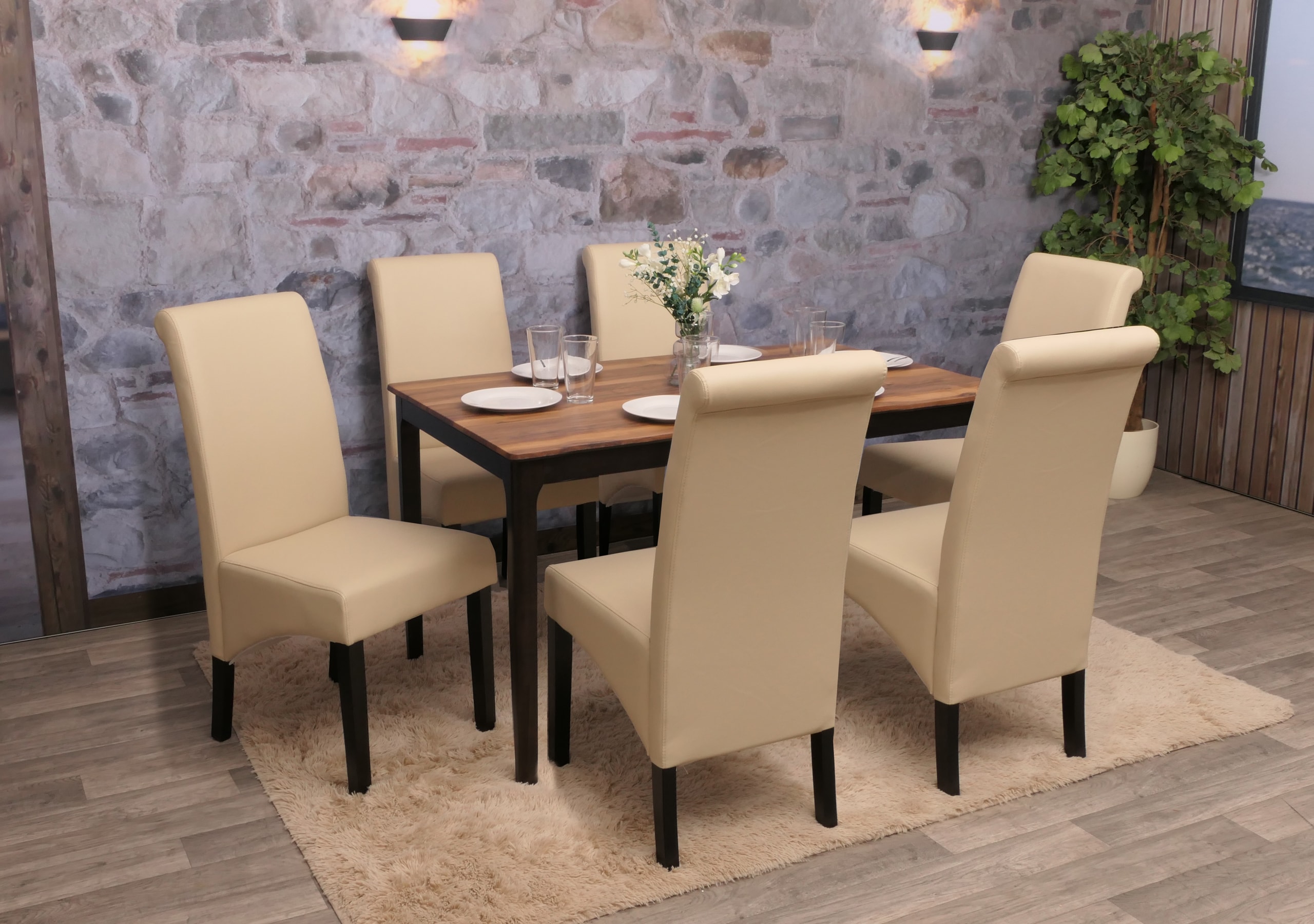 6er-Set Esszimmerstuhl Cesena ~ Leder, creme, dunkle F&uuml;&szlig;e 