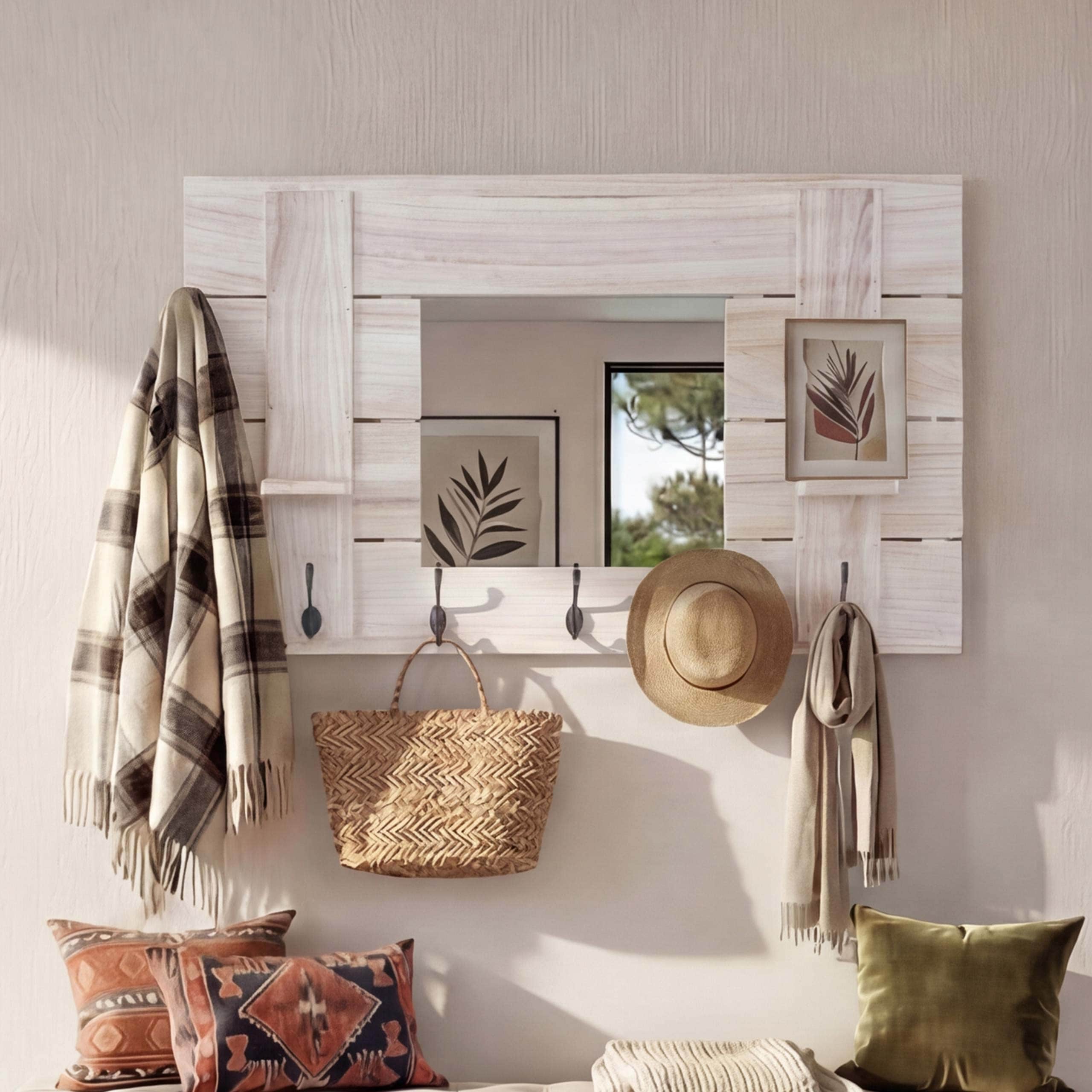 Wandgarderobe MCW-C89 mit Spiegel, Garderobenpaneel Garderobe, Shabby-Look Vintage, 5 Haken 90x60cm ~ naturbraun 