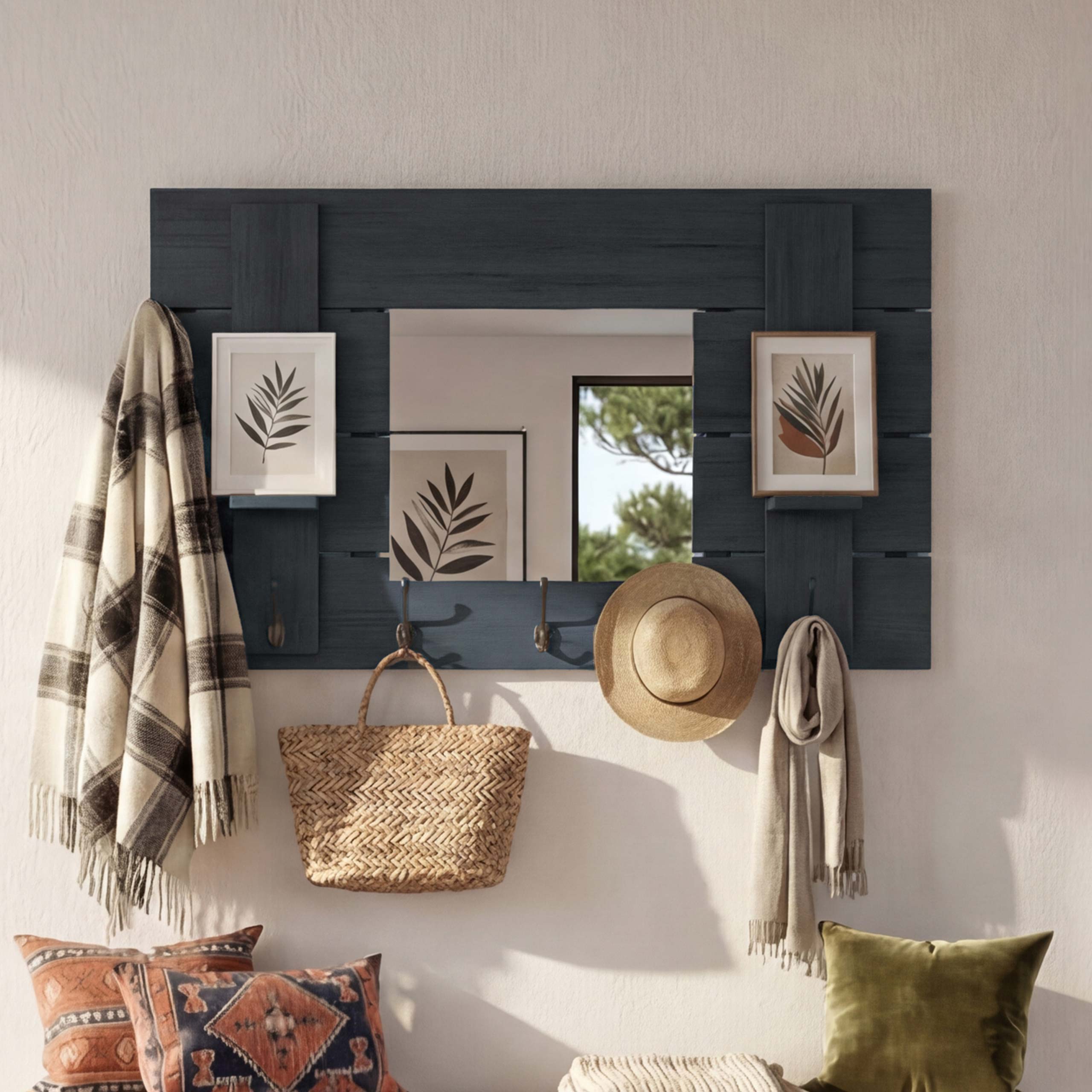 Wandgarderobe MCW-C89 mit Spiegel, Garderobenpaneel Garderobe, Shabby-Look Vintage, 5 Haken 90x60cm ~ dunkelgrau, shabby 