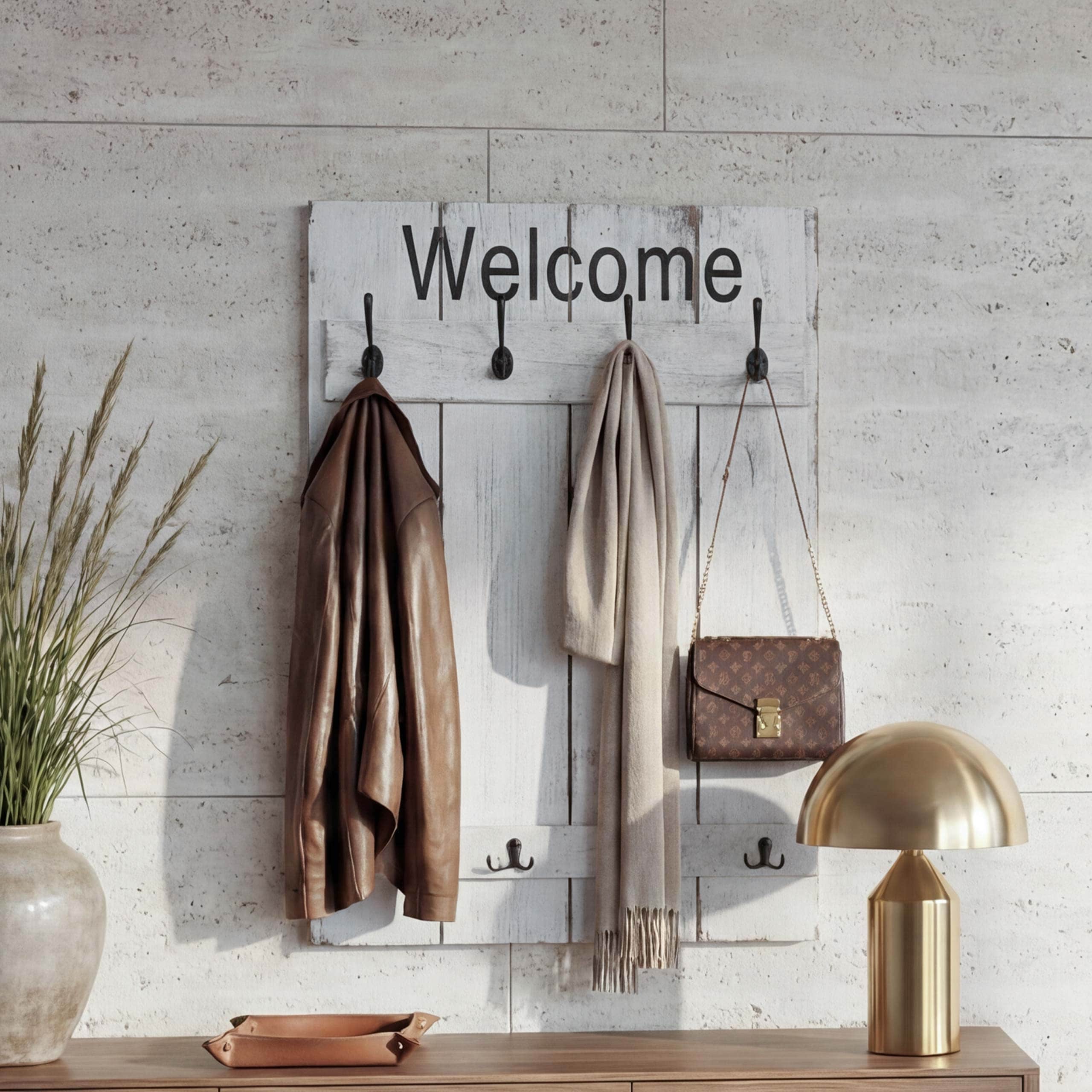 Wandgarderobe MCW-C89 Welcome, Garderobe Garderobenpaneel, Shabby-Look Vintage, 91x60cm ~ wei&szlig;, shabby 