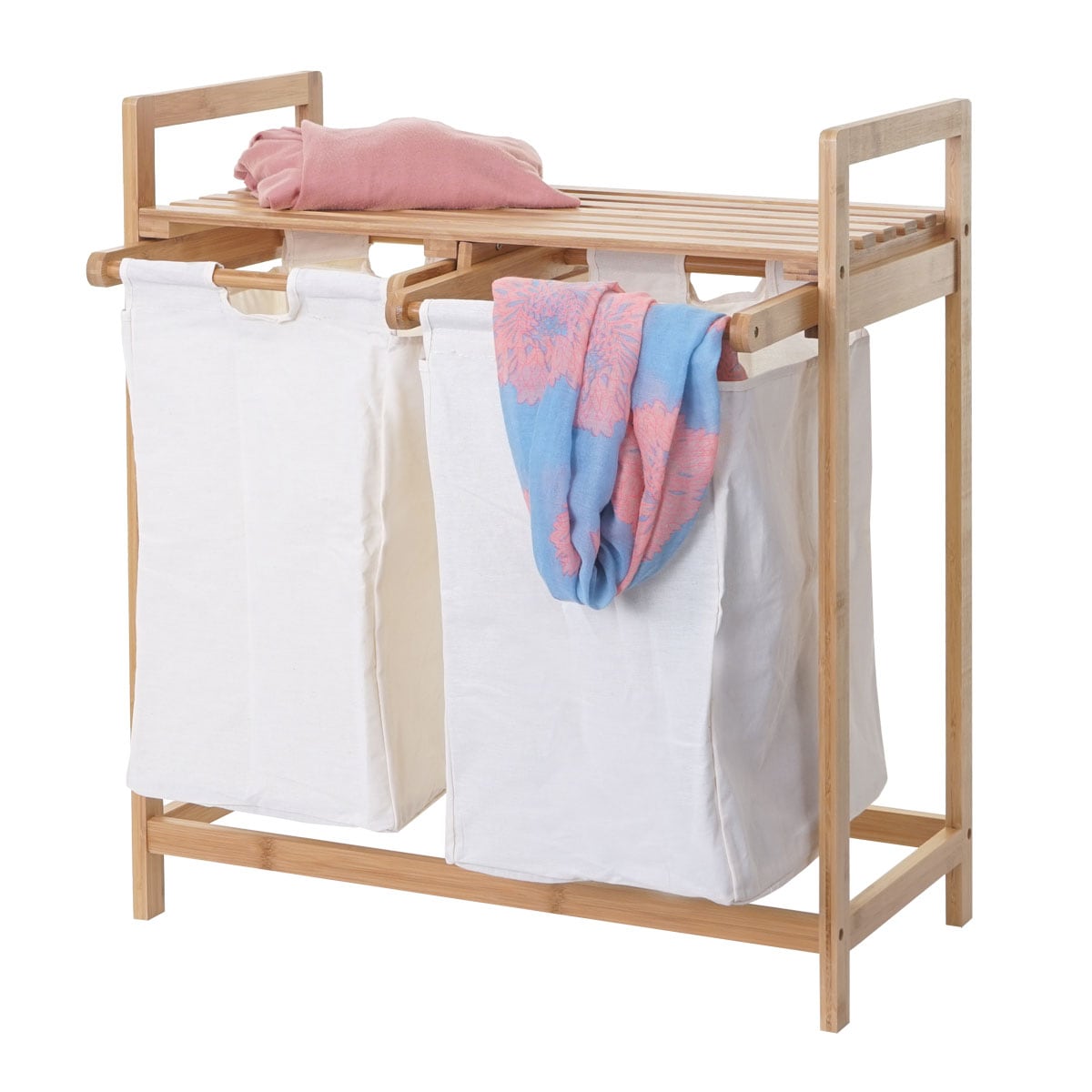 W&auml;schesammler MCW-B83, Laundry W&auml;schesortierer W&auml;schekorb W&auml;schebeh&auml;lter, Bambus 2 F&auml;cher 74x64x33cm 70l ~ wei&szlig; 