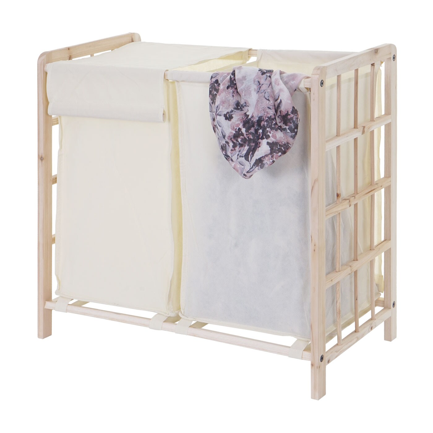 W&auml;schesammler MCW-B60, Laundry W&auml;schebox W&auml;schekorb, Massiv-Holz 2 F&auml;cher 60x60x33cm 68l ~ hellbraun, Bezug creme 