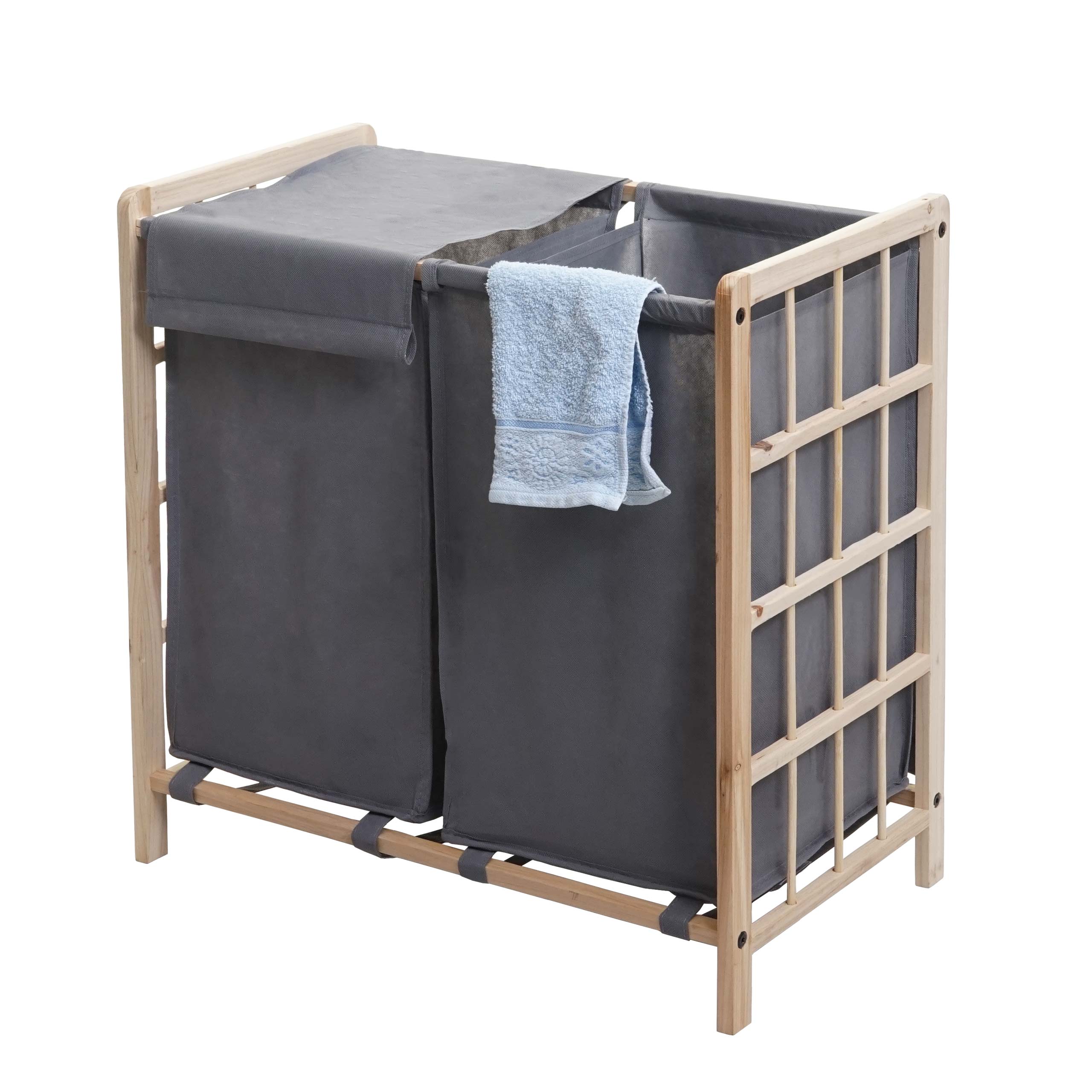 W&auml;schesammler MCW-B60, Laundry W&auml;schebox W&auml;schekorb, Massiv-Holz 2 F&auml;cher 60x60x33cm 68l ~ hellbraun, Bezug grau 
