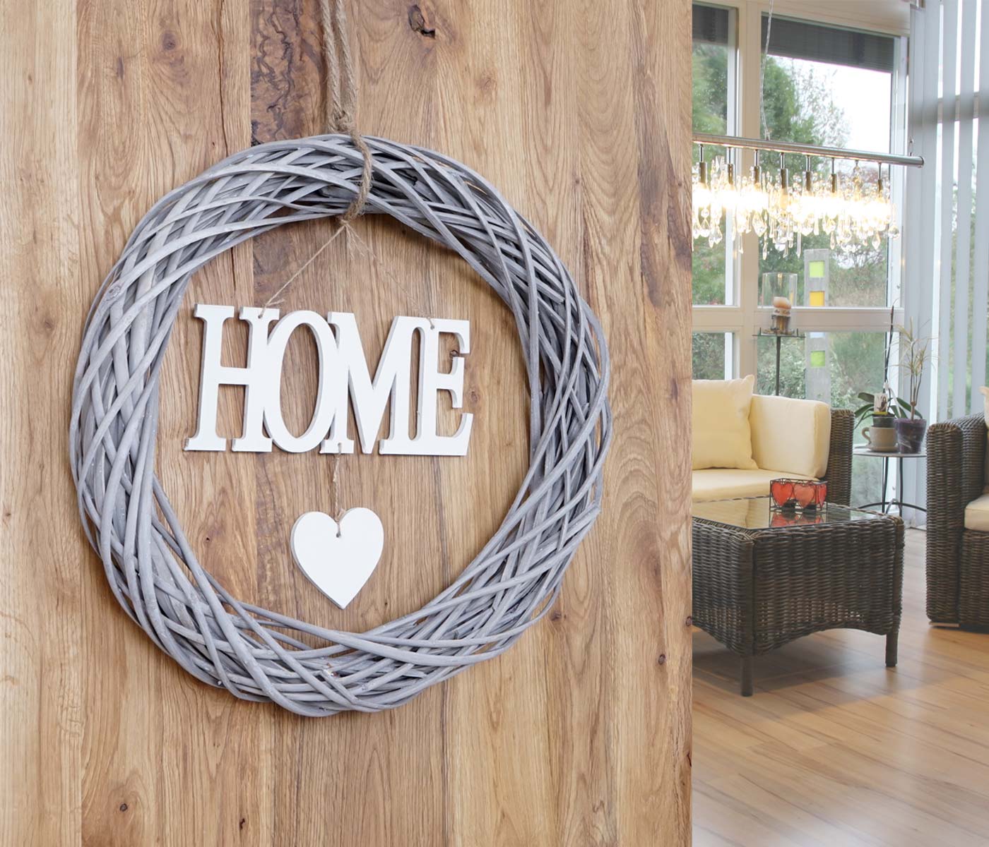 T&uuml;rkranz Home rund, Dekokranz Wandkranz Kranz, Holz &Oslash; 40cm MVG wei&szlig;-grau 