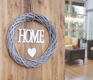 Türkranz Home rund, Dekokranz Wandkranz Kranz, Holz Ø 40cm MVG weiß-grau 