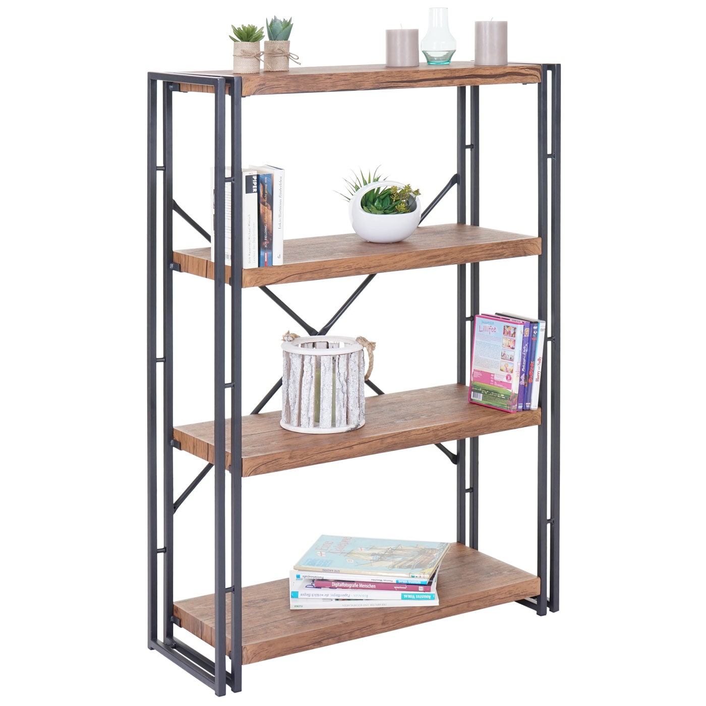 B&uuml;cherregal MCW-A27, Standregal Wohnregal, 121x80cm 3D-Struktur 4 Ebenen, Wildeiche-Optik 