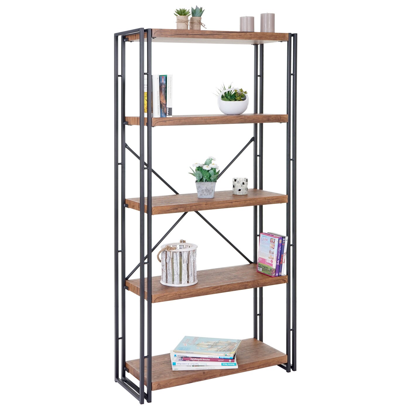 B&uuml;cherregal MCW-A27, Standregal Wohnregal, 165x80cm 3D-Struktur 5 Ebenen, Wildeiche-Optik 