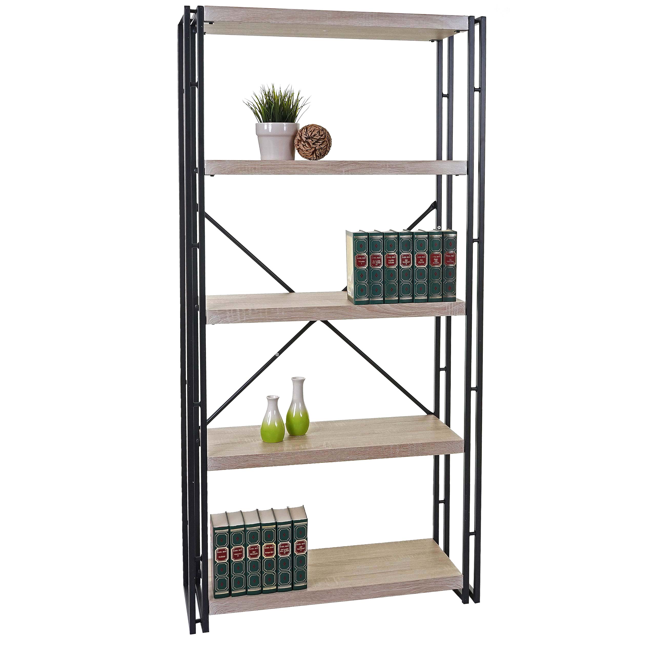 B&uuml;cherregal MCW-A27, Standregal Wohnregal, 165x80cm 3D-Struktur 5 Ebenen ~ Eiche-Optik 