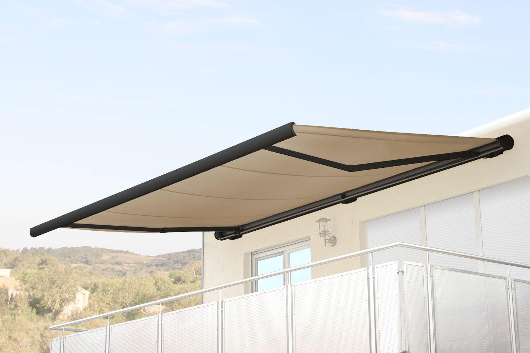 Elektrische Kassettenmarkise H124, Markise Vollkassette 5x3m ~ Polyester Creme, Rahmen anthrazit 