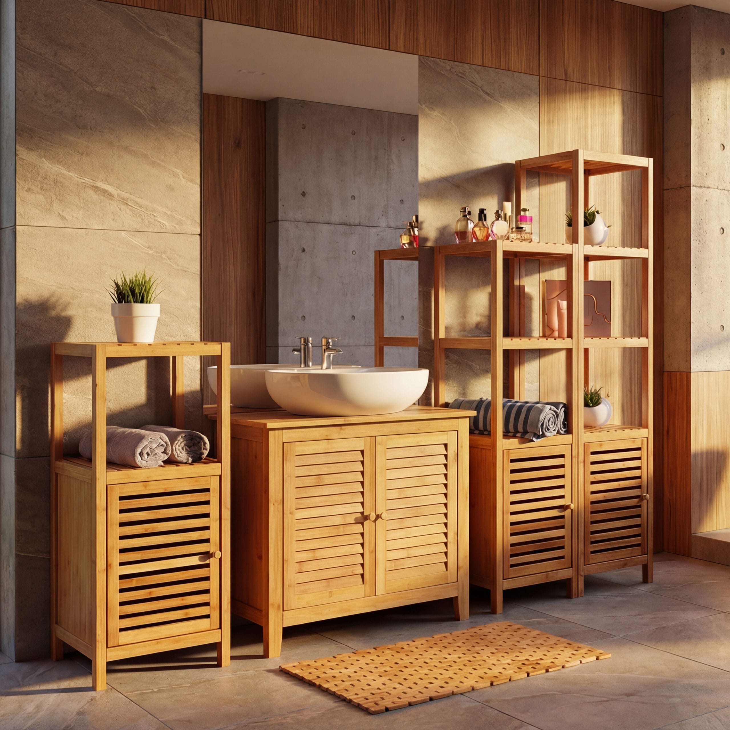 Badezimmerset MCW-B18, Komplett Badezimmer Badm&ouml;bel Badset Badschrank mit T&uuml;r, Bambus 