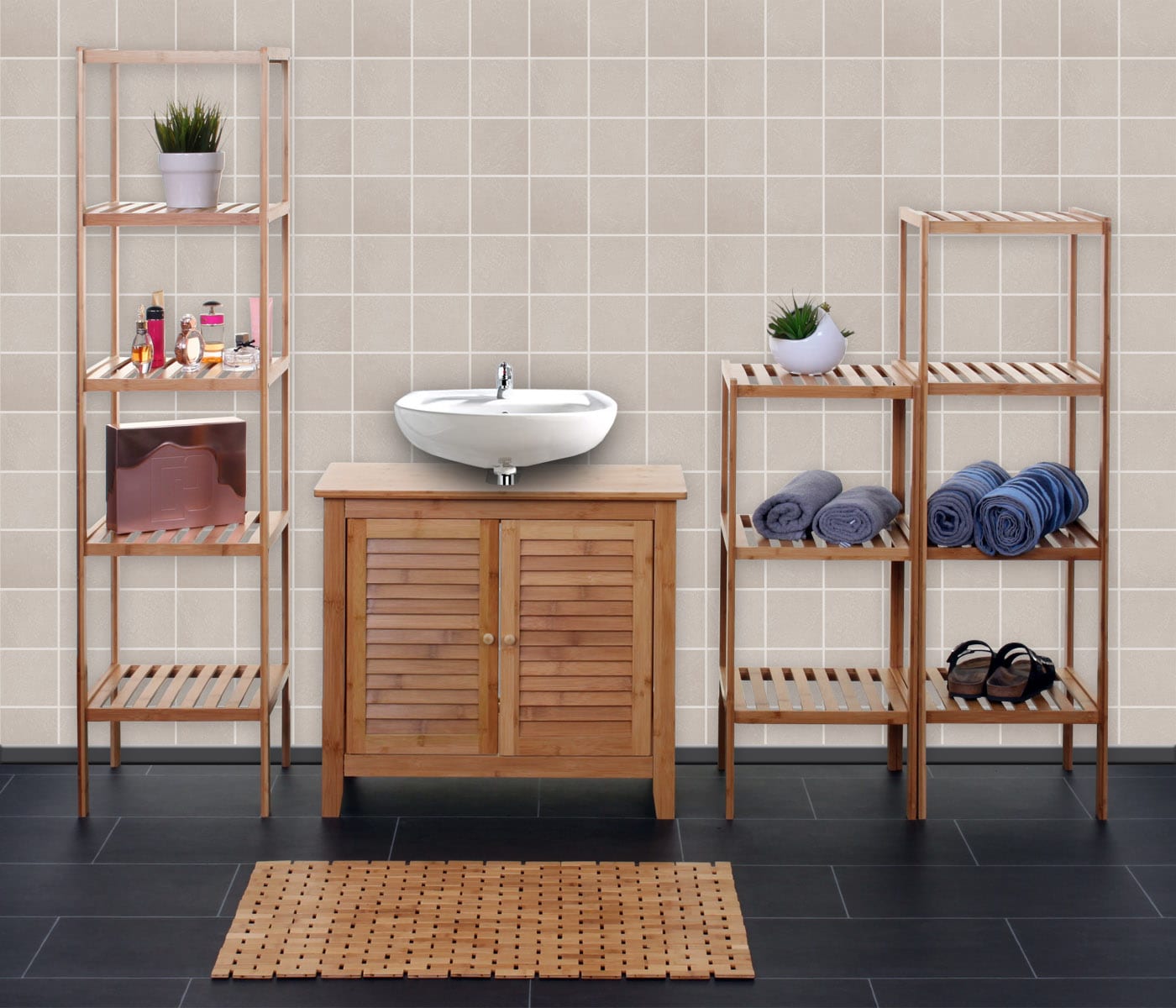 Badezimmerset MCW-B18, Komplett Badezimmer Badm&ouml;bel Badset Badschrank, Bambus 