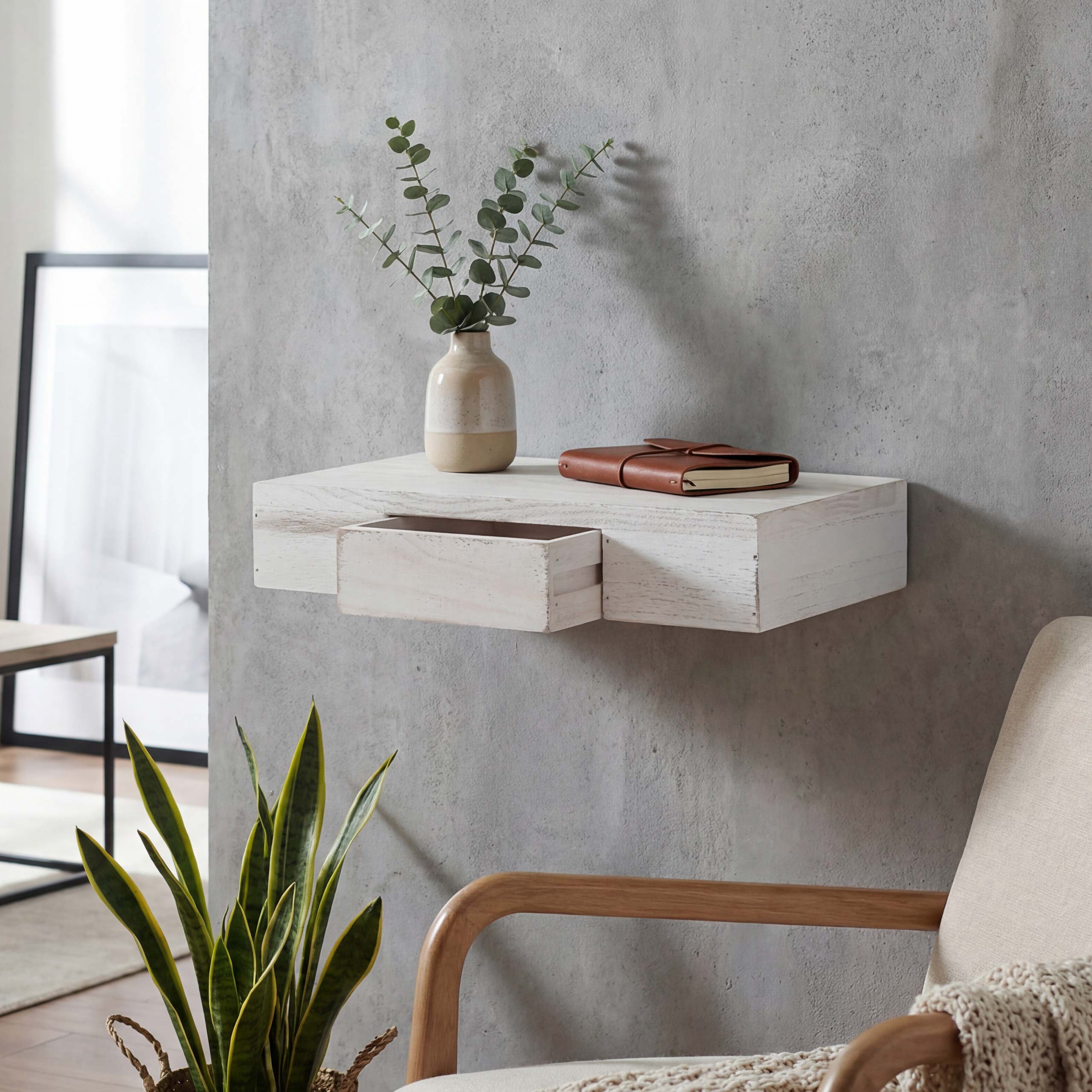 Wandregal Cher, Regal H&auml;ngeregal mit Schublade, 40cm ~ wei&szlig; shabby 