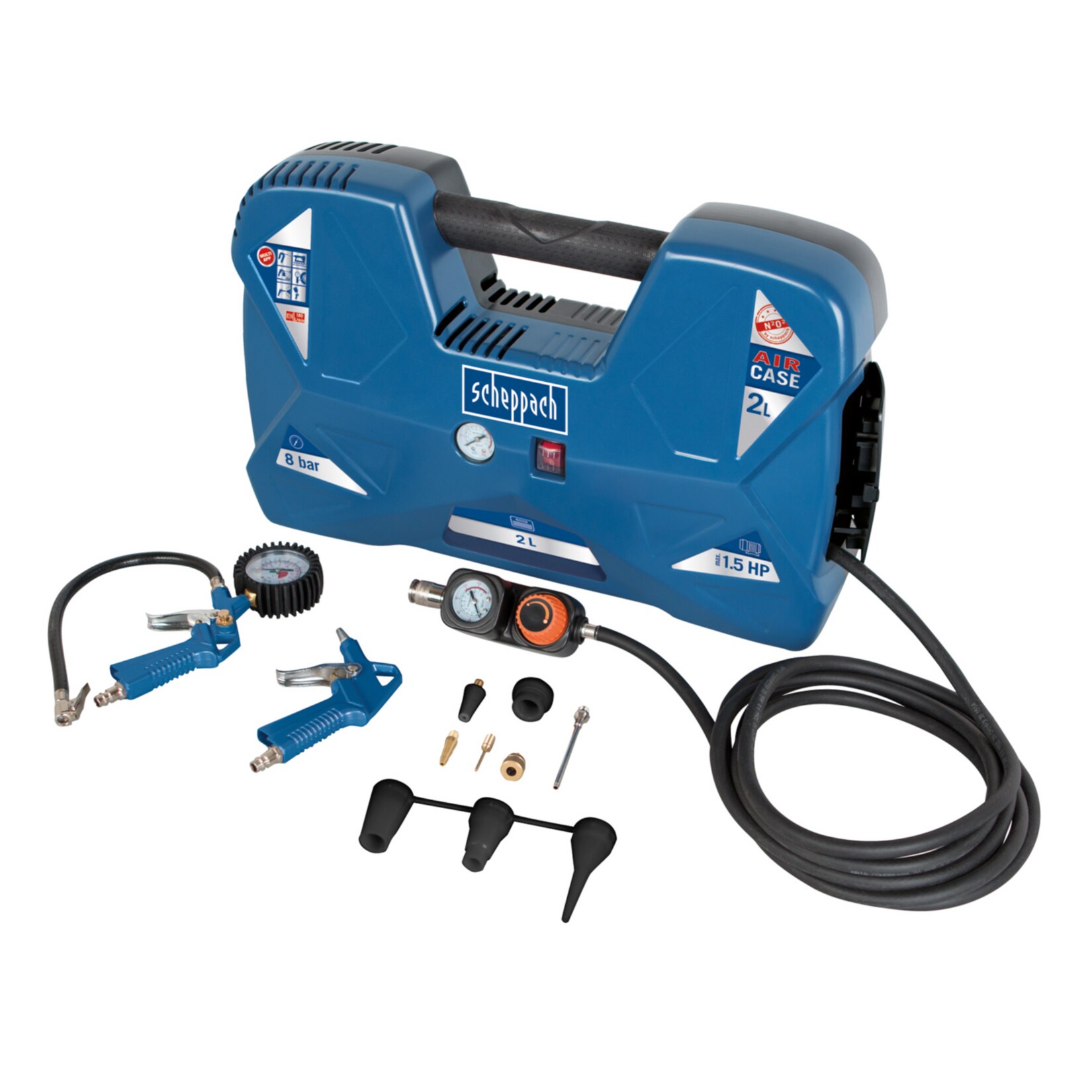 Compresseur Portatif Scheppach Air Case - 2L- 1100 W - 8 Bars ( Livré Avec 12 Accessoires, Une Soufflette, Une Poignée De Gonflage)