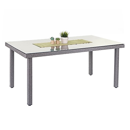 Poly-Rattan Gartentisch Chieti, Esstisch Tisch mit Glasplatte, 160x90x74cm ~ grau 