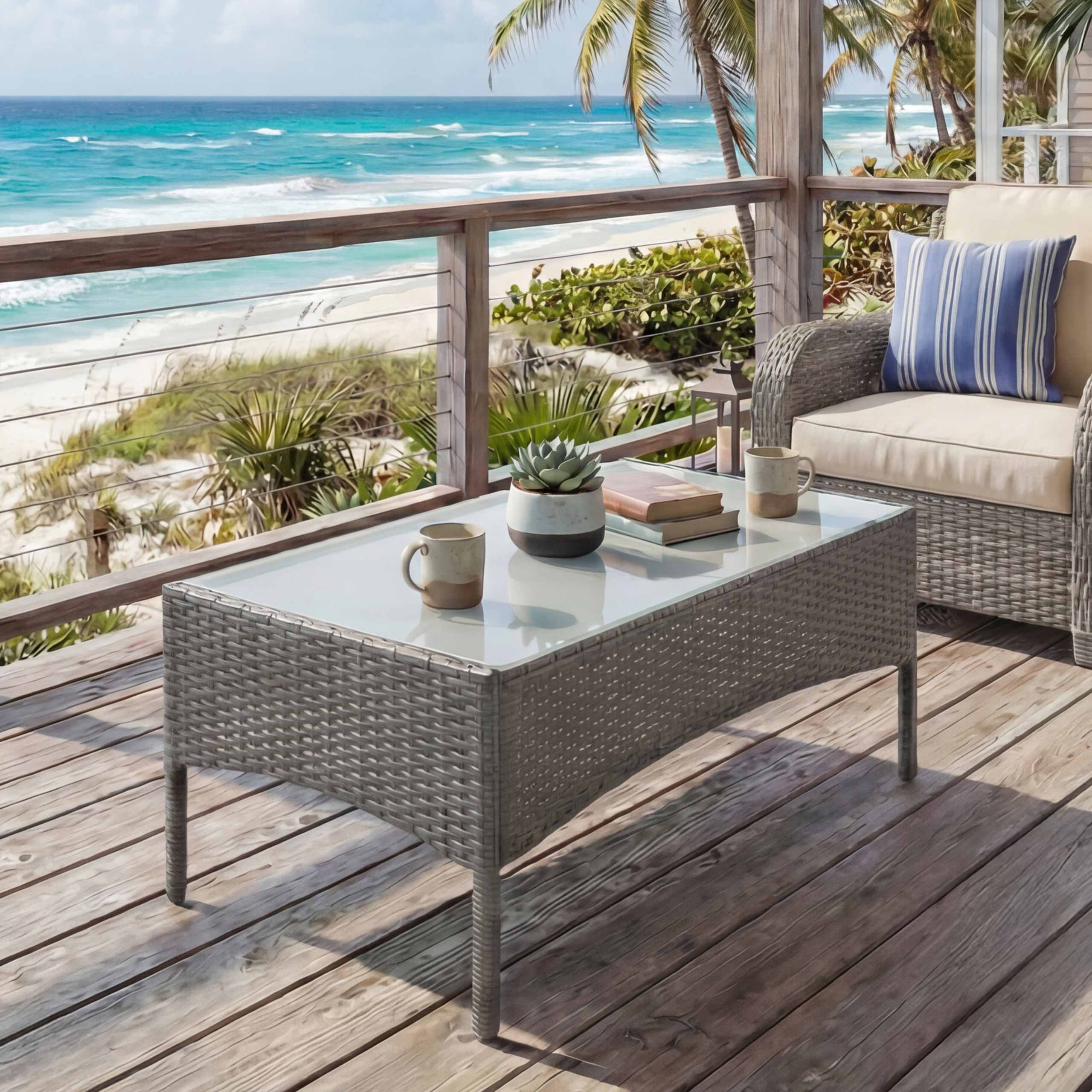 Poly-Rattan Gartentisch Hamar, Beistelltisch Tisch mit Glasplatte ~ grau 