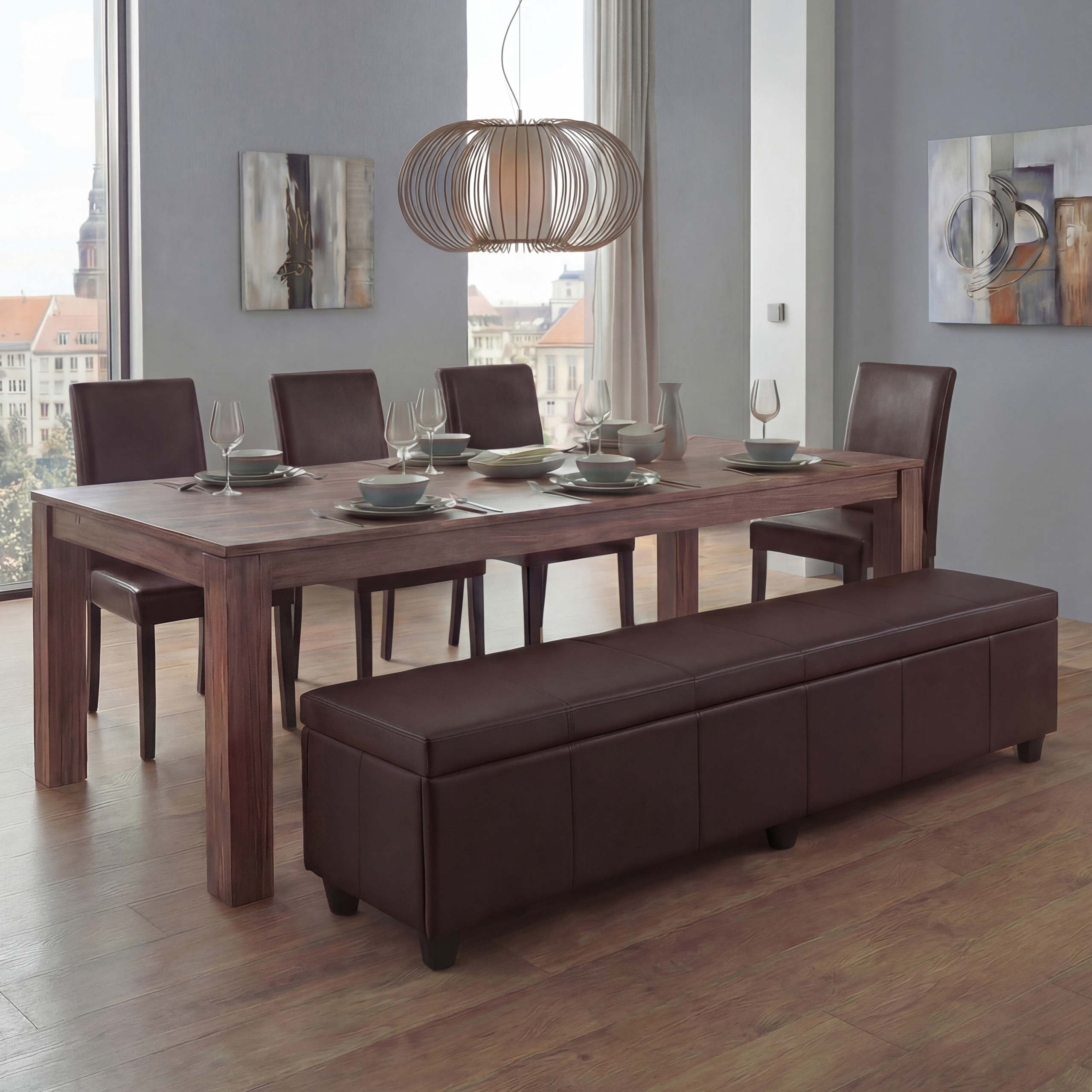 Garnitur Sitzgruppe Bank mit Aufbewahrung Kriens XXL+4 St&uuml;hle Littau, Leder ~ braun 