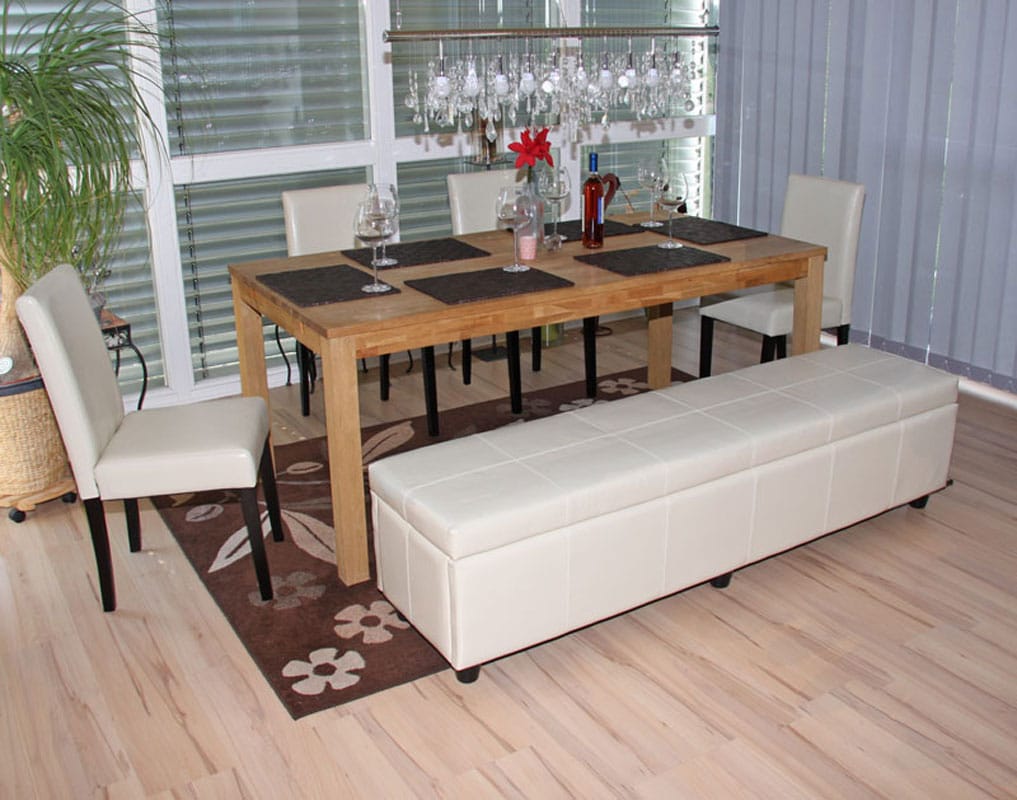 Garnitur Sitzgruppe Bank mit Aufbewahrung Kriens XXL+4 St&uuml;hle Littau, Leder ~ creme 