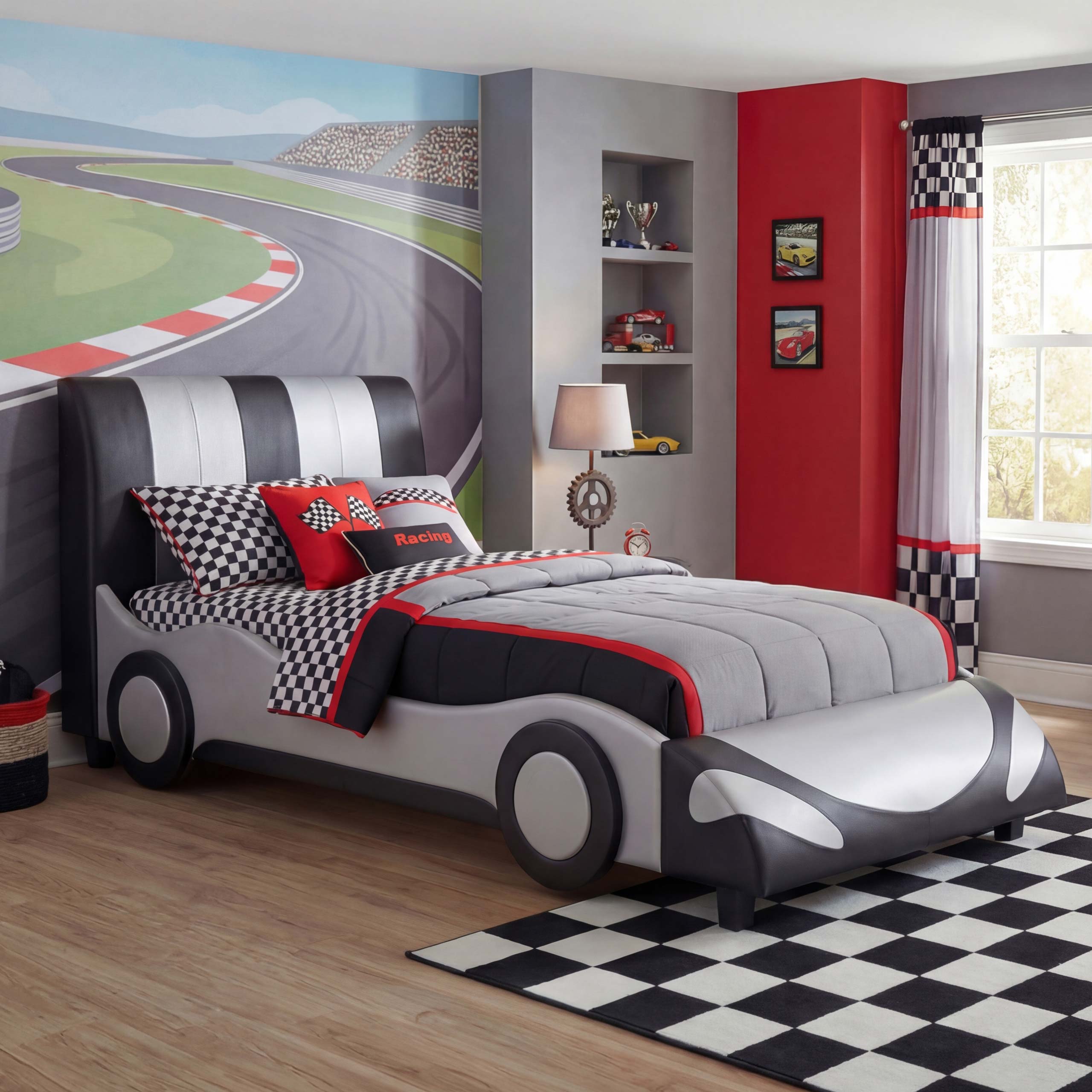 Bett MCW-E14, Auto Junge Kinderbett Jugendbett, Lattenrost Kunstleder Holz 190x100cm ~ schwarz-silber 