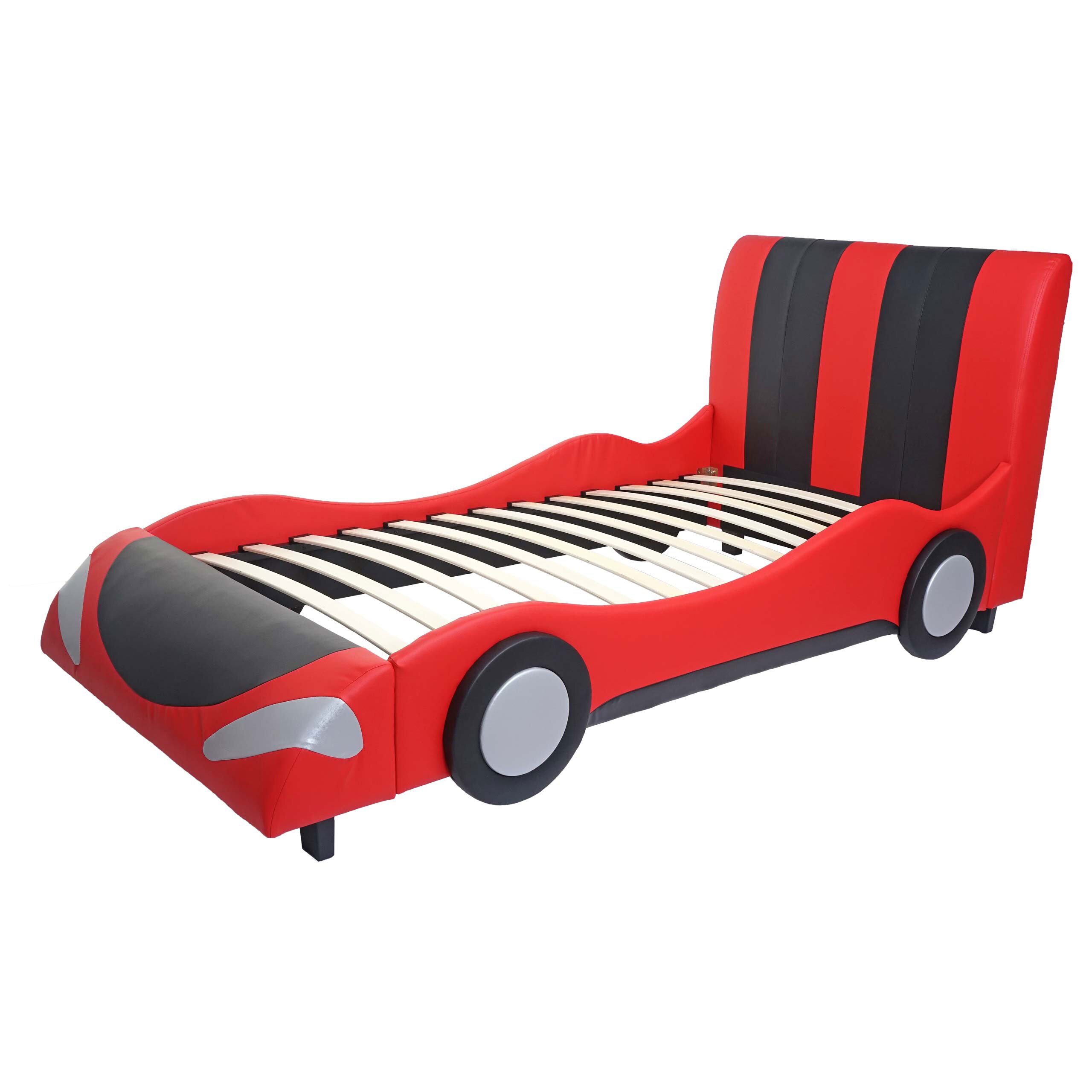 Bett MCW-E14, Auto Junge Kinderbett Jugendbett, Lattenrost Kunstleder Holz 190x100cm ~ schwarz-rot 