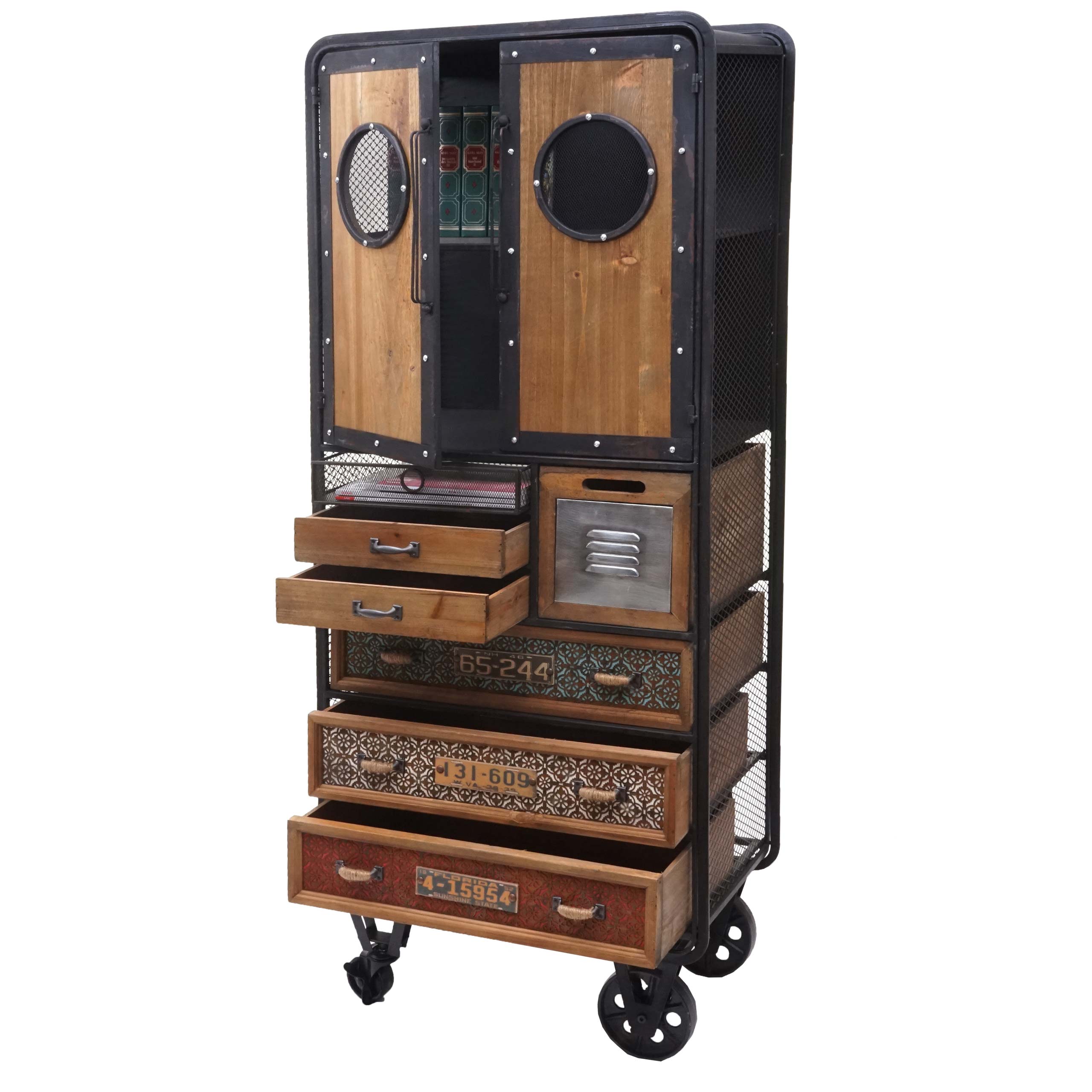Apotheker-Schrank MCW-D78, Kommode Rollwagen Metallregal, Tanne Holz Vintage Shabby-Look 146x60x35cm 