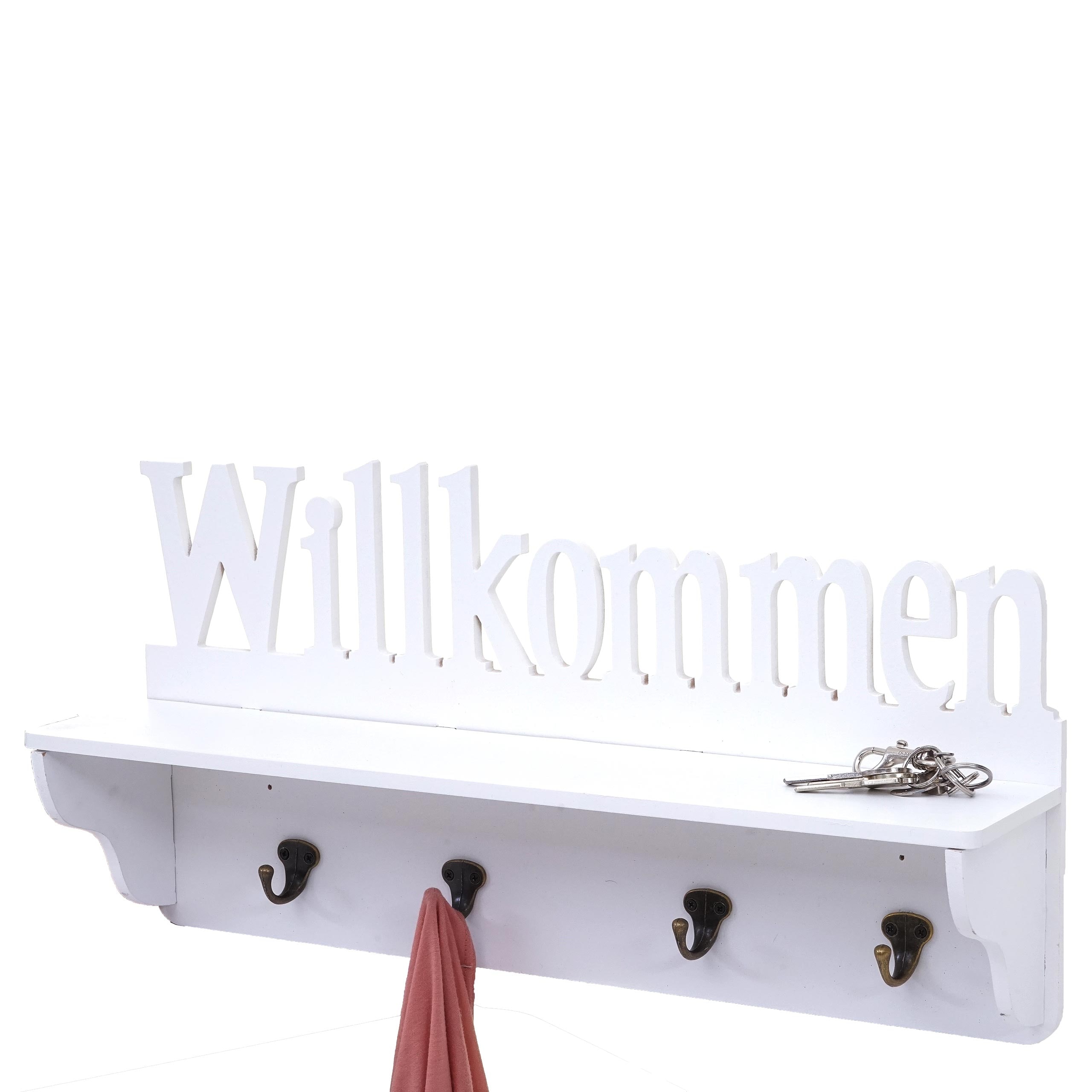 Wandgarderobe MCW-D41 Willkommen, Garderobe Regal, 4 Haken massiv 30x60x13cm ~ wei&szlig; 