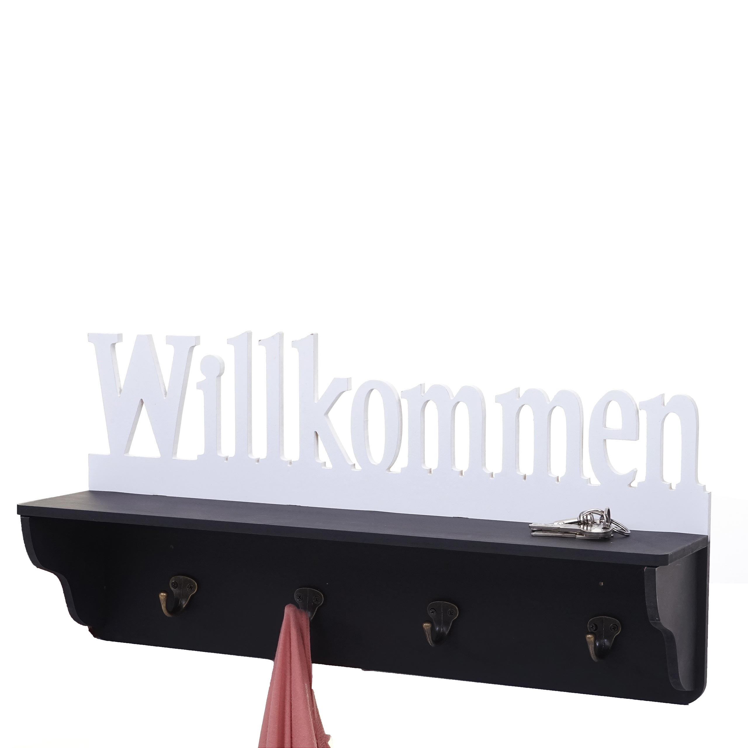 Wandgarderobe MCW-D41 Willkommen, Garderobe Regal, 4 Haken massiv 30x60x13cm ~ schwarz/wei&szlig; 