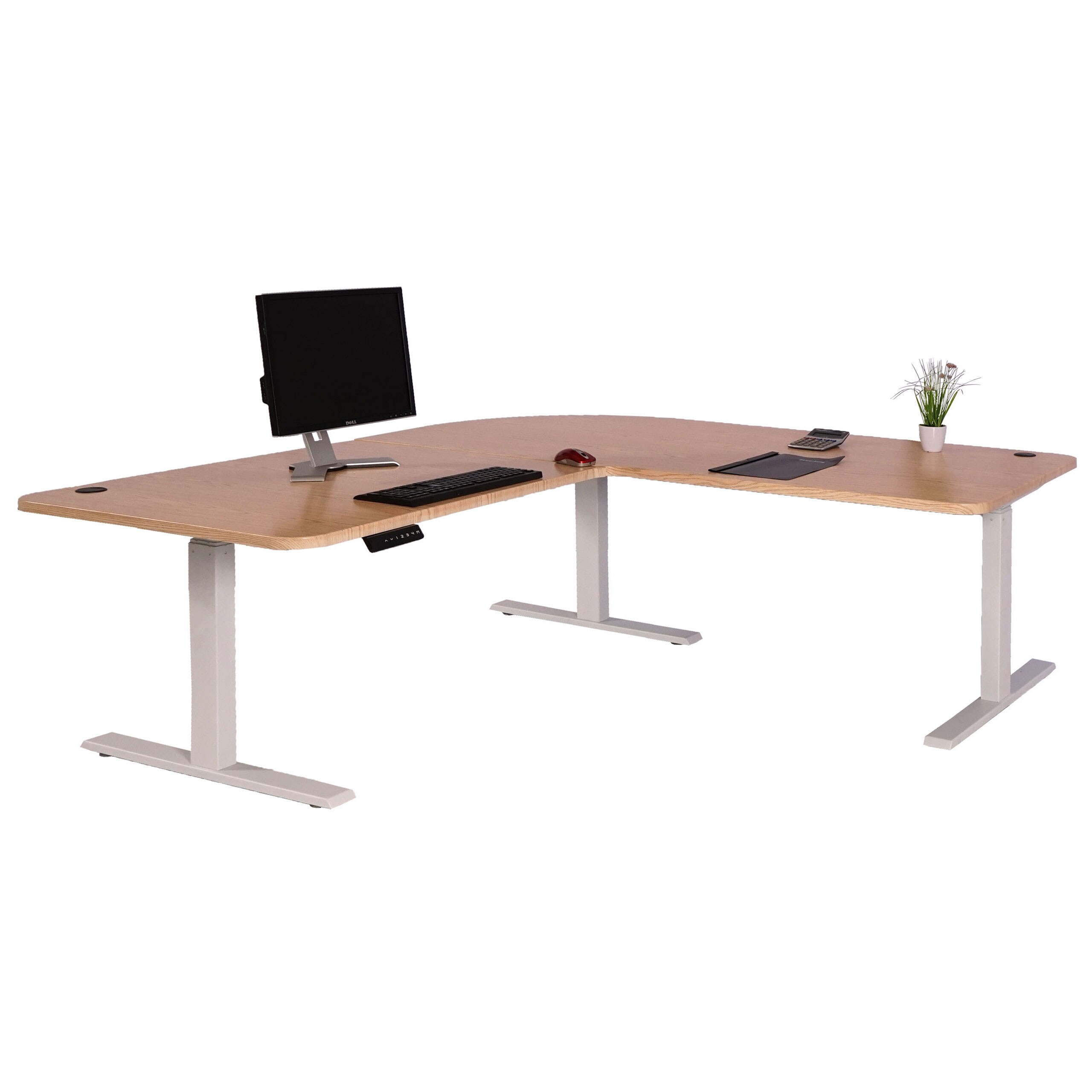 Eck-Schreibtisch MCW-D40, Computertisch elektrisch h&ouml;henverstellbar 178x178cm 84kg MVG ~ hellbraun, wei&szlig; 
