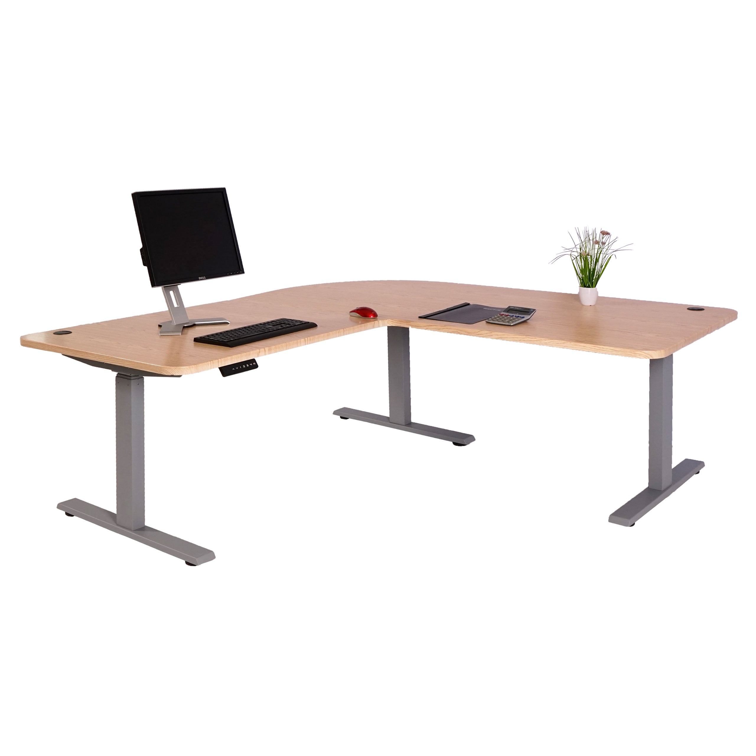 Eck-Schreibtisch MCW-D40, Computertisch elektrisch h&ouml;henverstellbar 178x178cm 84kg MVG ~ hellbraun, grau 