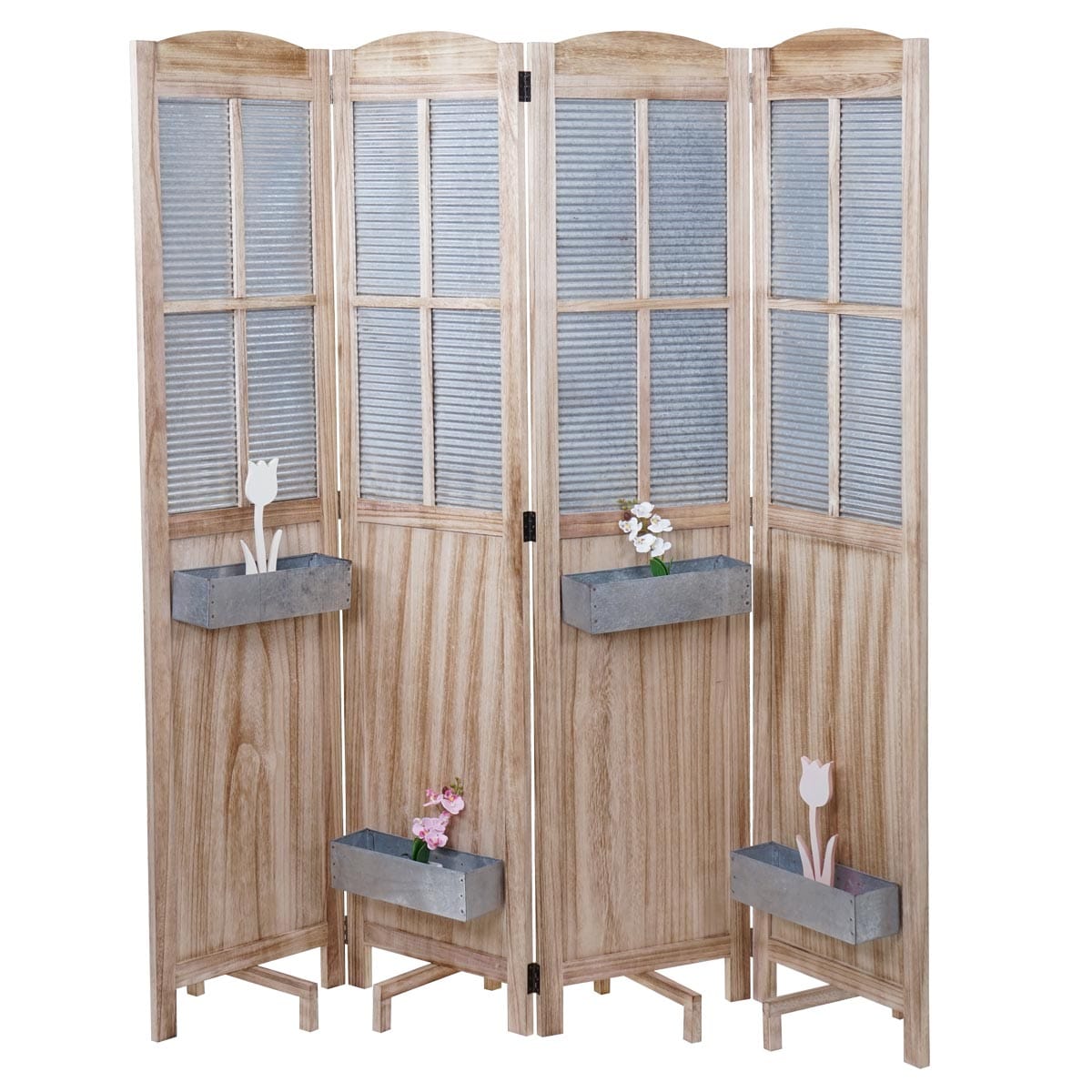 Paravent MCW-D26 Pflanzk&ouml;rbe, Raumteiler Trennwand spanische Wand Sichtschutz, Holz Metall 170x161x29cm 