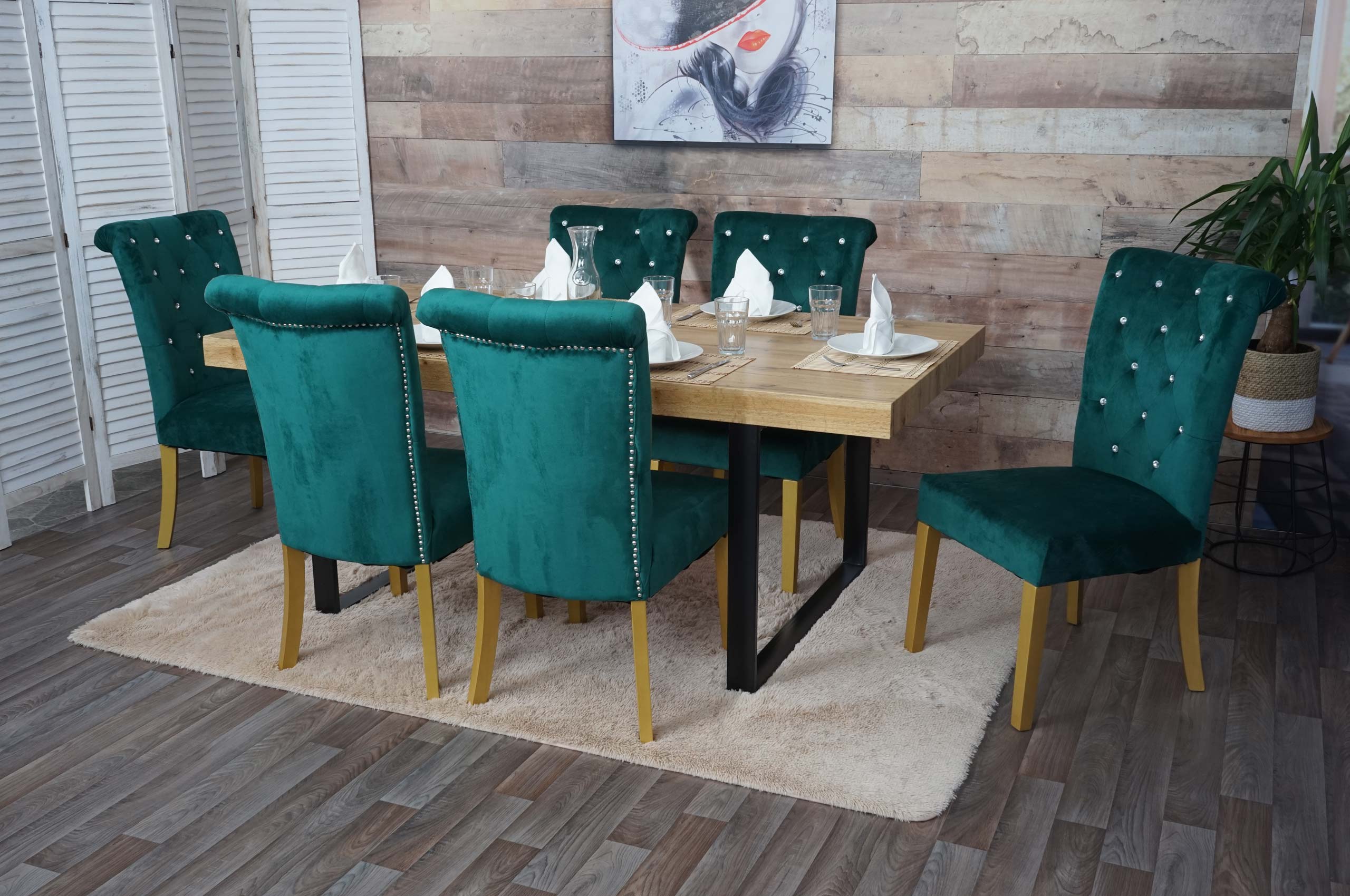 6er-Set Esszimmerstuhl MCW-D22, Stuhl K&uuml;chenstuhl, Nieten Samt ~ dunkelgr&uuml;n, goldfarbene Beine 