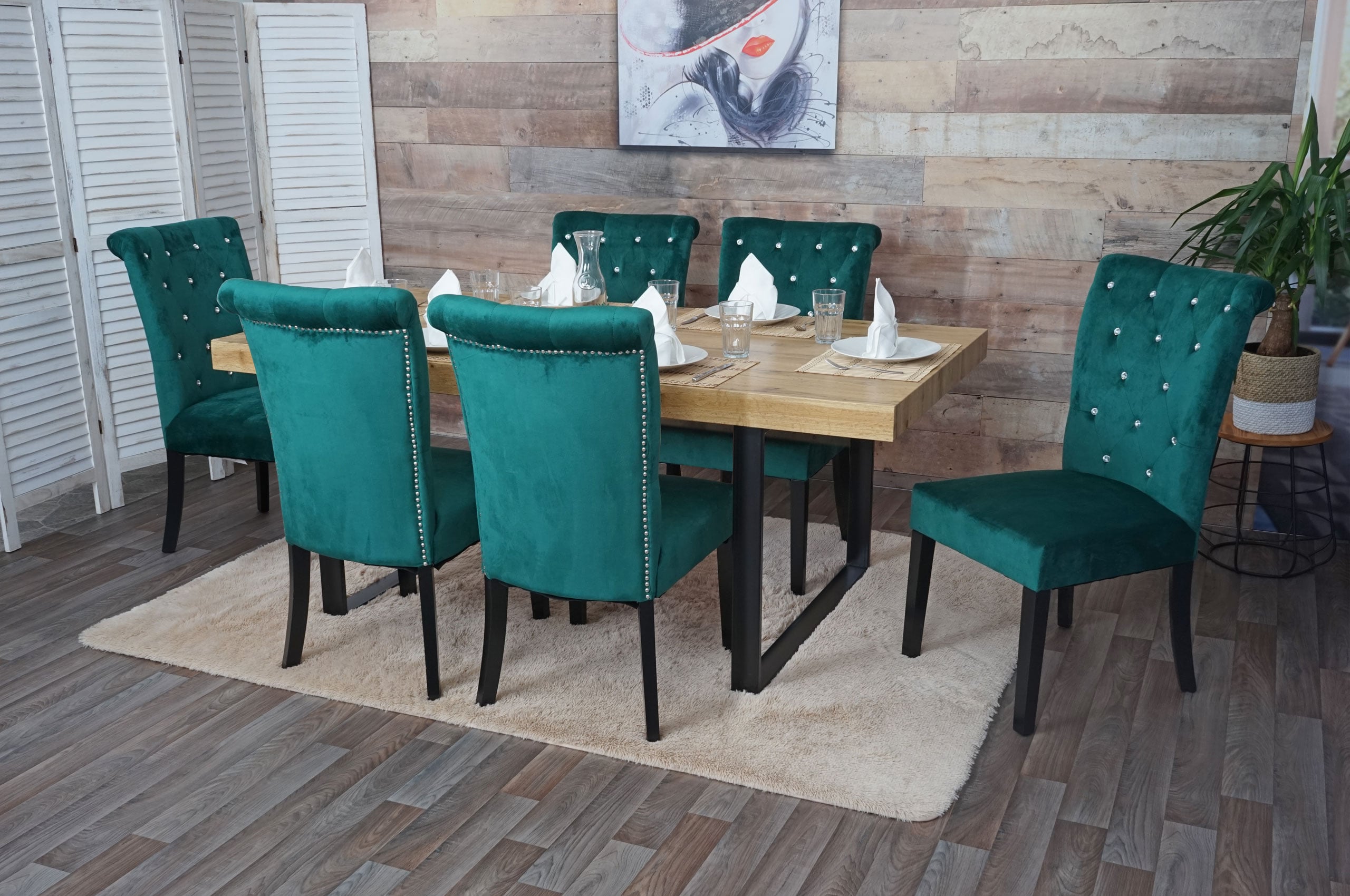 6er-Set Esszimmerstuhl MCW-D22, Stuhl K&uuml;chenstuhl, Nieten Samt ~ dunkelgr&uuml;n, schwarze Beine 