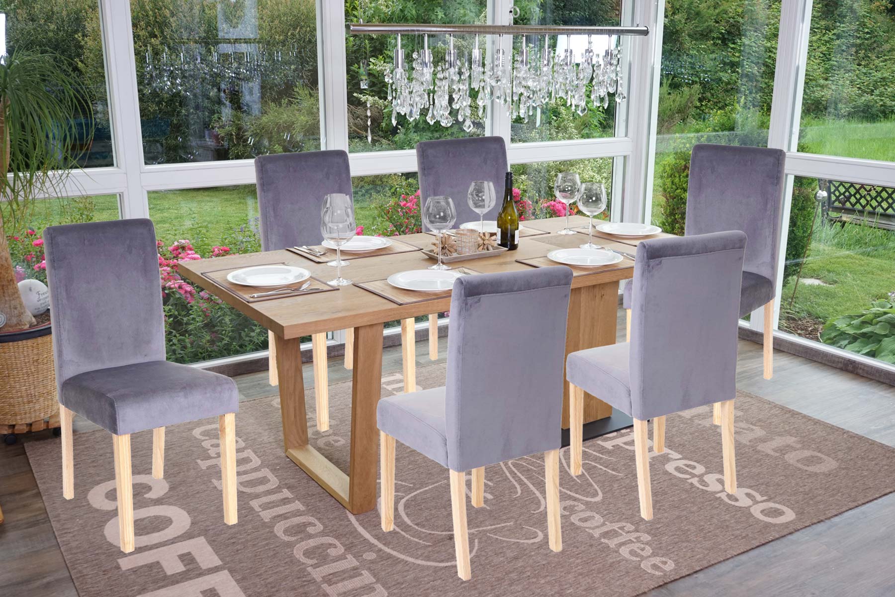 6er-Set Esszimmerstuhl Stuhl K&uuml;chenstuhl Littau, Samt ~ grau, helle Beine 