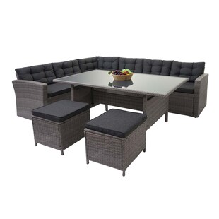Poly-Rattan-Garnitur MCW-A29, Gartengarnitur Sitzgruppe Lounge-Esstisch-Set Sofa ~ grau, Kissen grau + 2x Hocker 