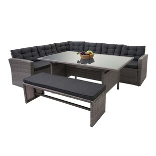 Poly-Rattan-Garnitur MCW-A29, Gartengarnitur Sitzgruppe Lounge-Esstisch-Set Sofa ~ grau, Kissen grau + Bank 
