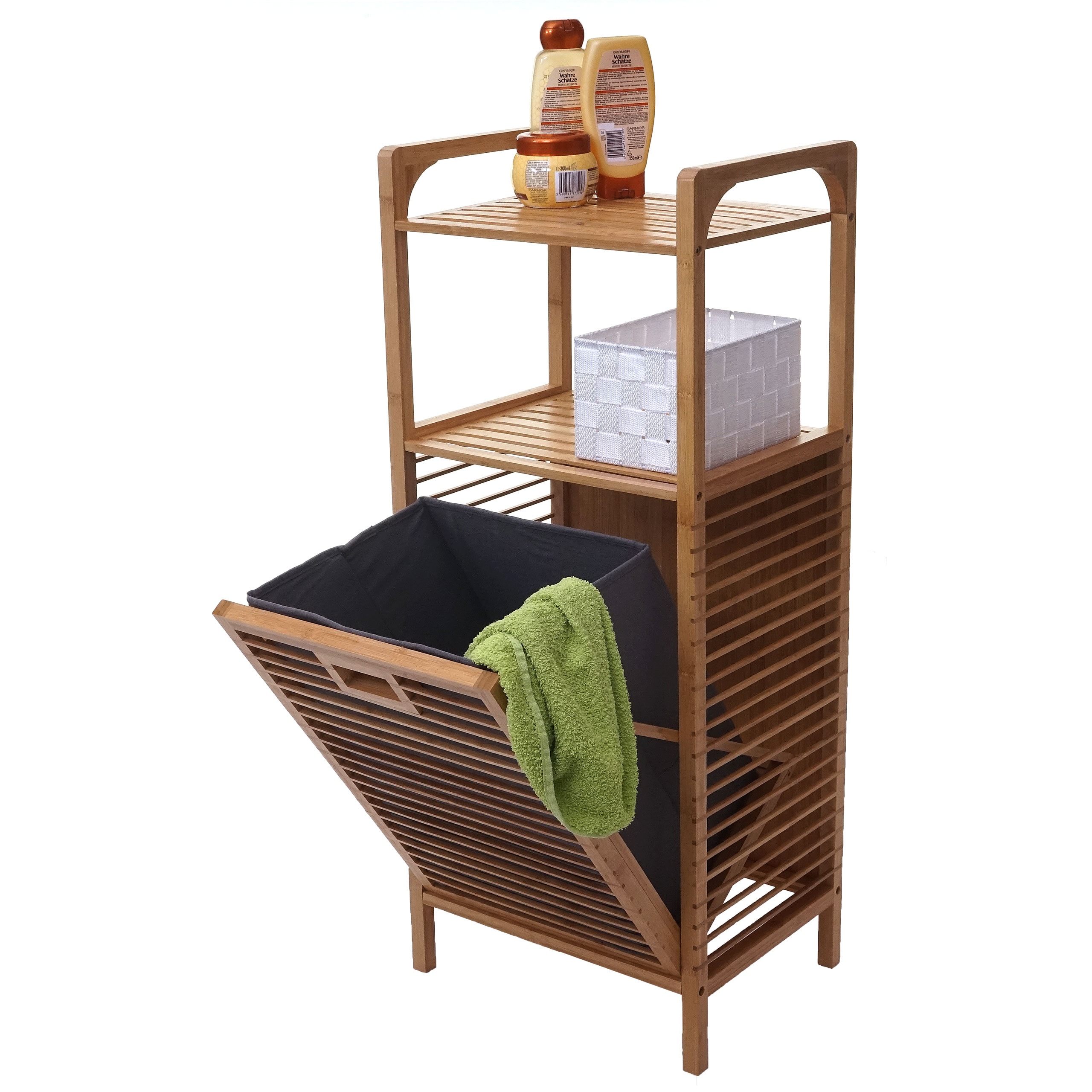 Regal mit W&auml;schekorb MCW-B94, W&auml;schebox W&auml;schesammler W&auml;schebeh&auml;lter Standregal Aufbewahrung, Bambus 95x40x30cm 28l 