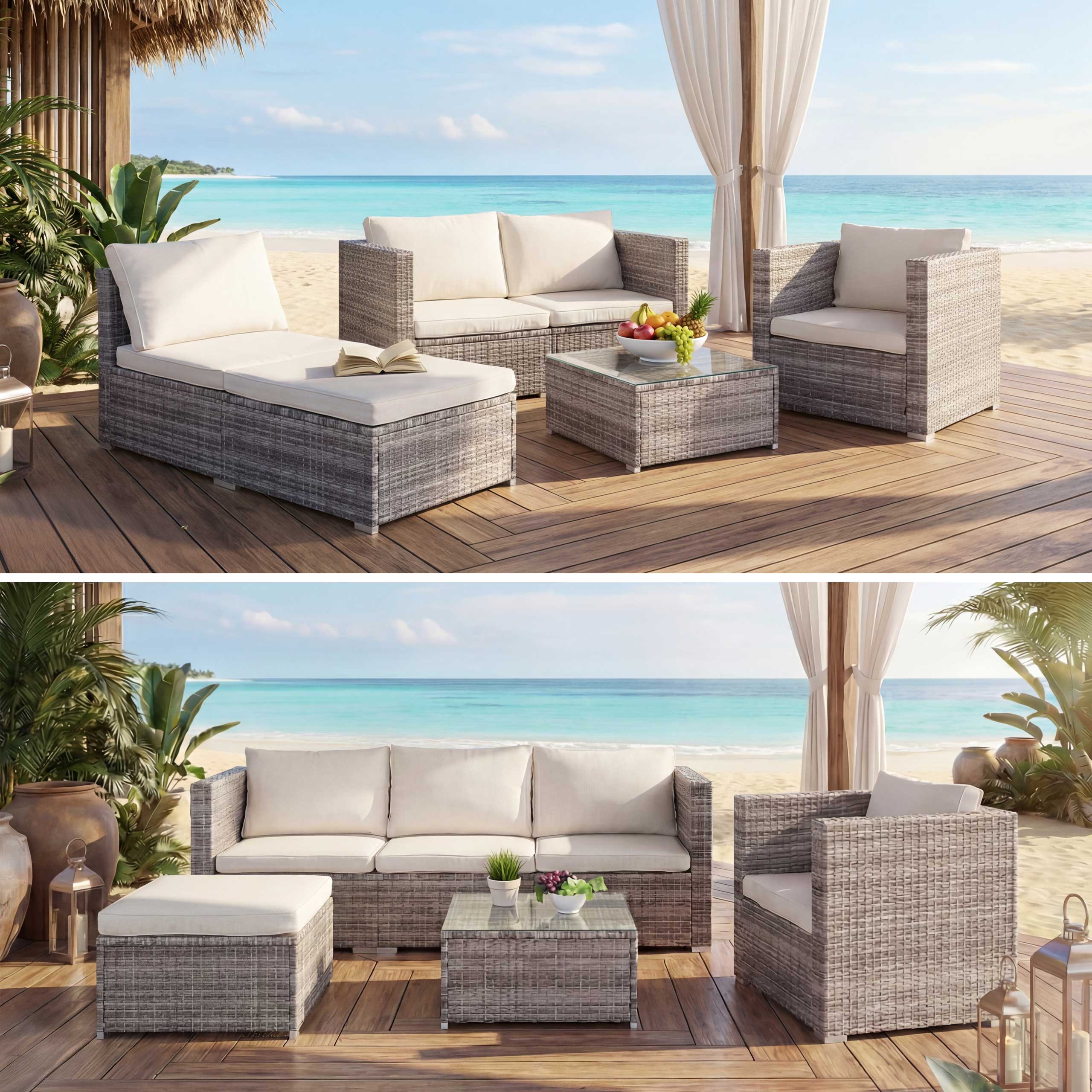 Poly-Rattan-Garnitur Busto, Gartengarnitur Sitzgruppe Sofa Lounge-Set ~ grau, Kissen creme 