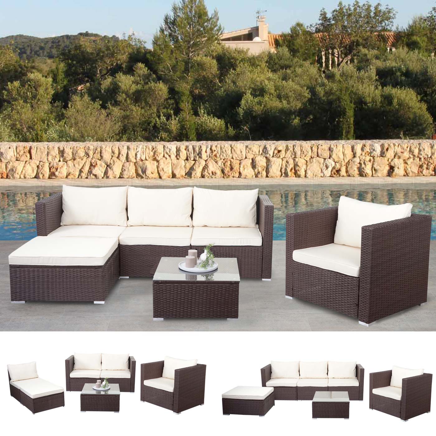 Poly-Rattan-Garnitur Busto, Gartengarnitur Sitzgruppe Sofa Lounge-Set ~ braun, Kissen creme 