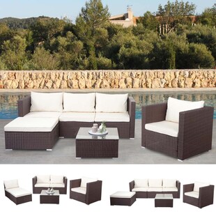 Poly-Rattan-Garnitur Busto, Gartengarnitur Sitzgruppe Sofa Lounge-Set ~ braun, Kissen creme 
